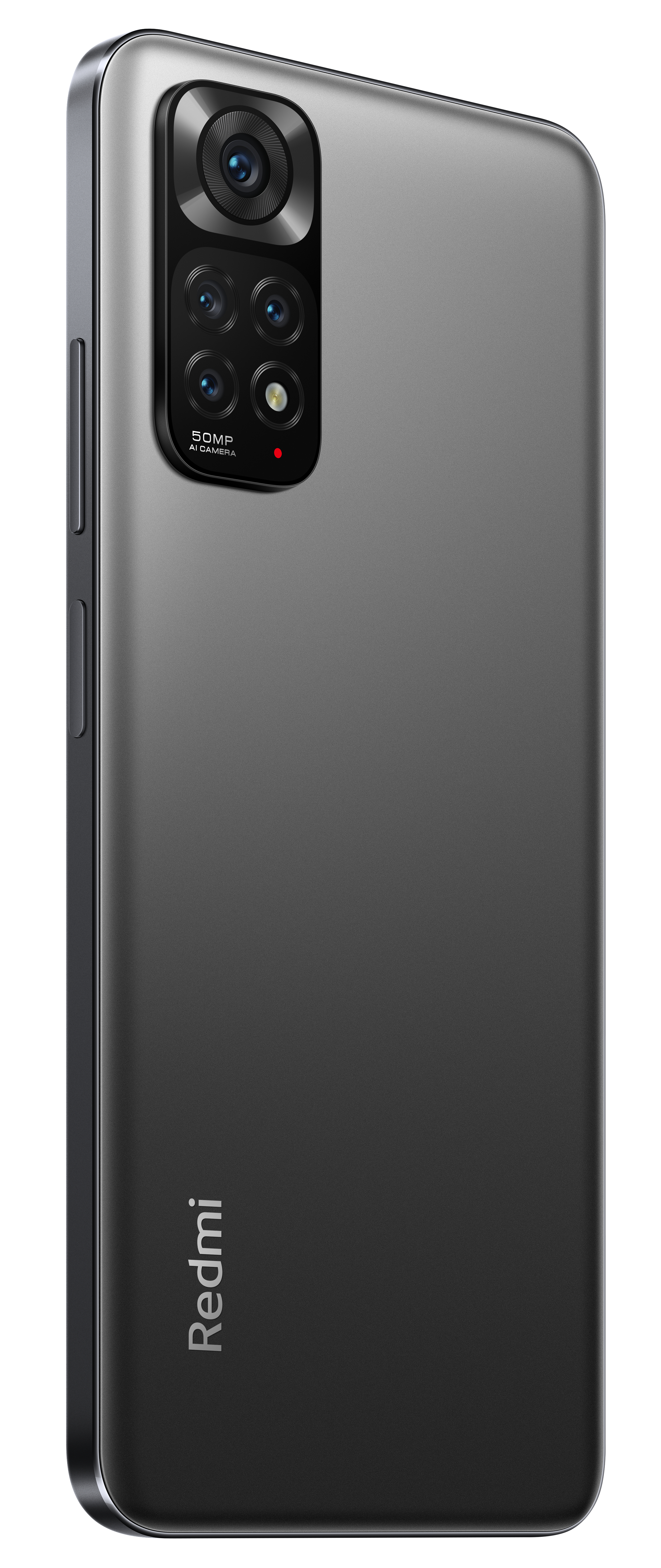 Rückseite eines schwarzen Redmi-Smartphones mit Kamera und Redmi-Logo. Schlankes, dunkles Design.