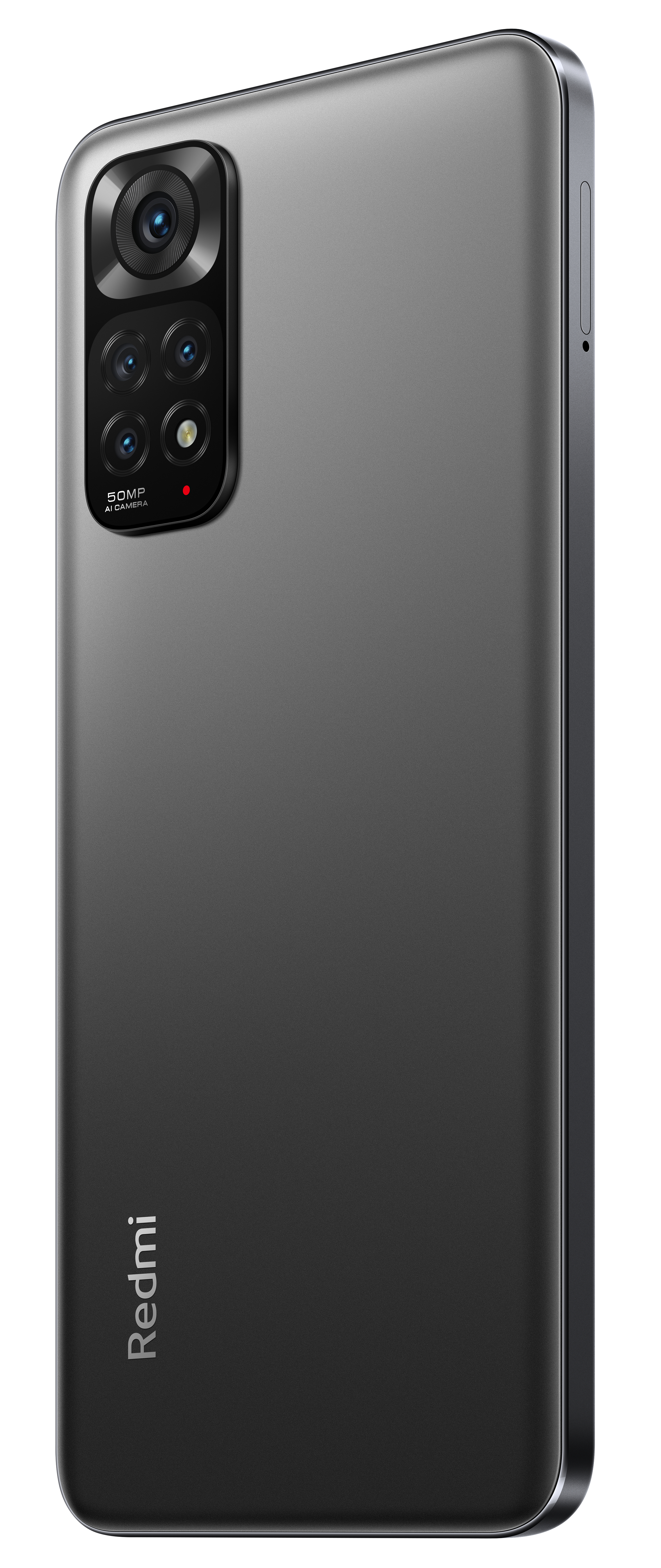 Ein dunkelgraues Xiaomi-Telefon mit einem Kameramodul auf der oberen linken Seite, auf weißem Hintergrund.