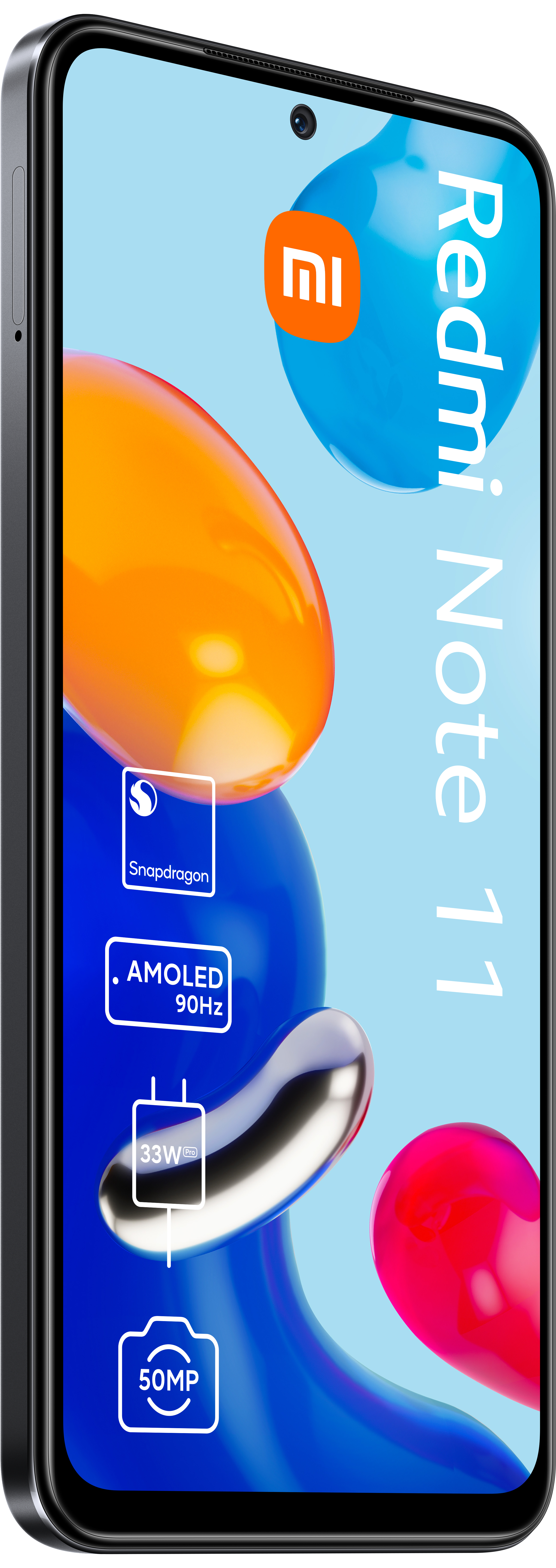 Redmi Note 11 Smartphone, dunkelgrau. Der Bildschirm zeigt Telefonfunktionen, einschließlich Snapdragon und Kamera.
