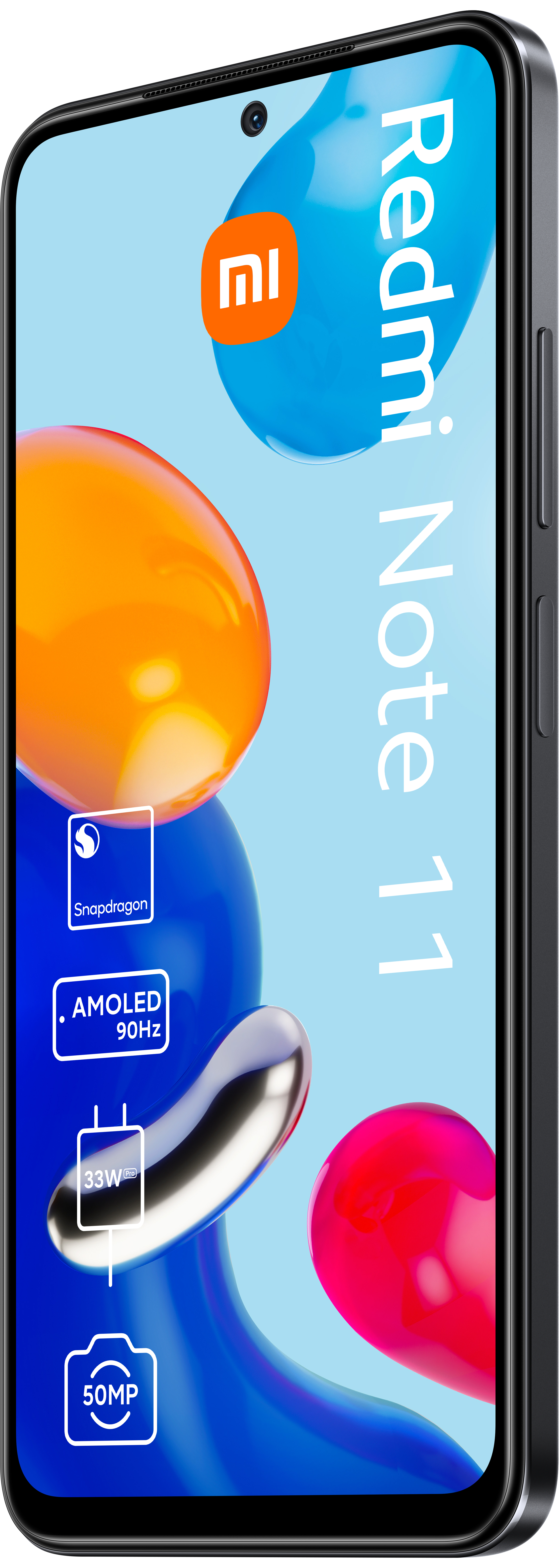 Redmi Note 11 Smartphone, schwarzer Rahmen, blauer und oranger Hintergrund, Produktdetails.