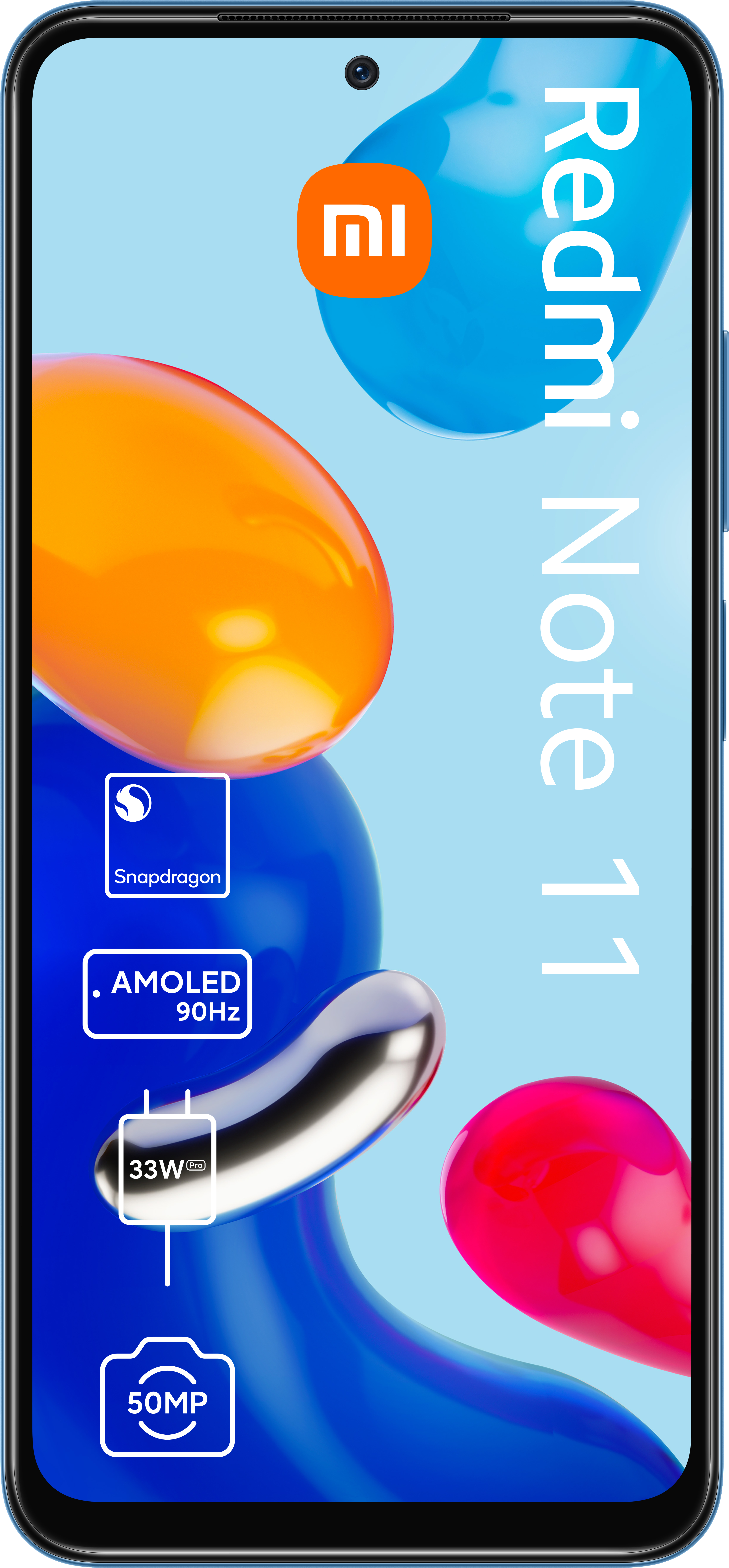 Redmi Note 11 Smartphone in Blau. Der Bildschirm zeigt die Telefonfunktionen, einschließlich Snapdragon und Kamera.