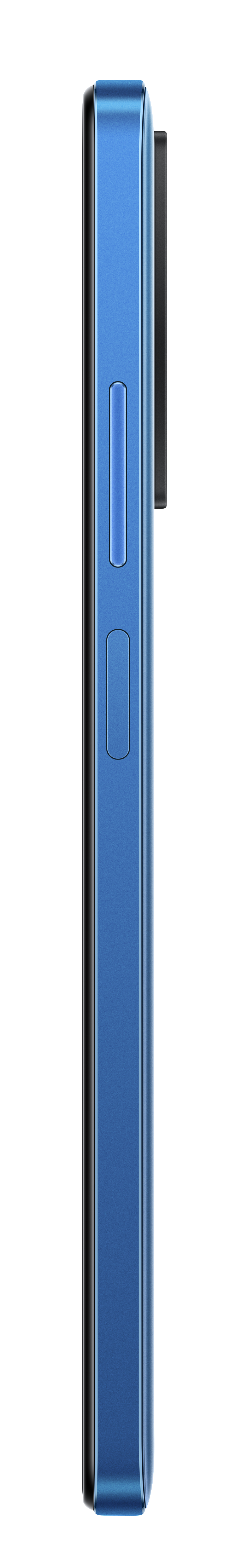 Seitenansicht eines blauen Smartphones, das die Ein-/Aus-Taste und die Lautstärkeregler zeigt.