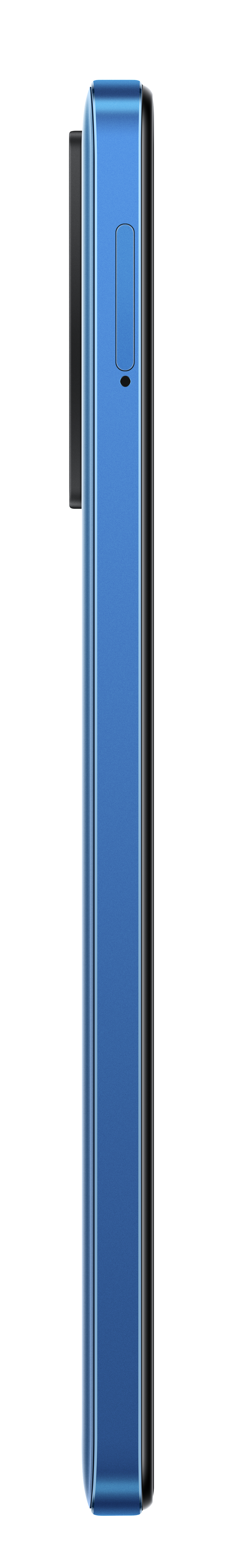 Seitenansicht eines blauen Smartphones auf weißem Hintergrund.
