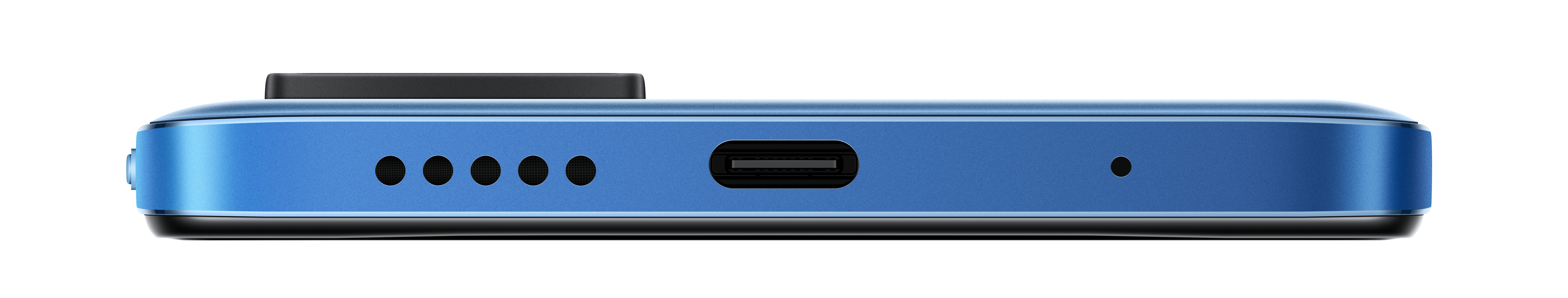 Ein blaues Telefon mit Ladeanschluss und Lautsprecherlöchern unten.