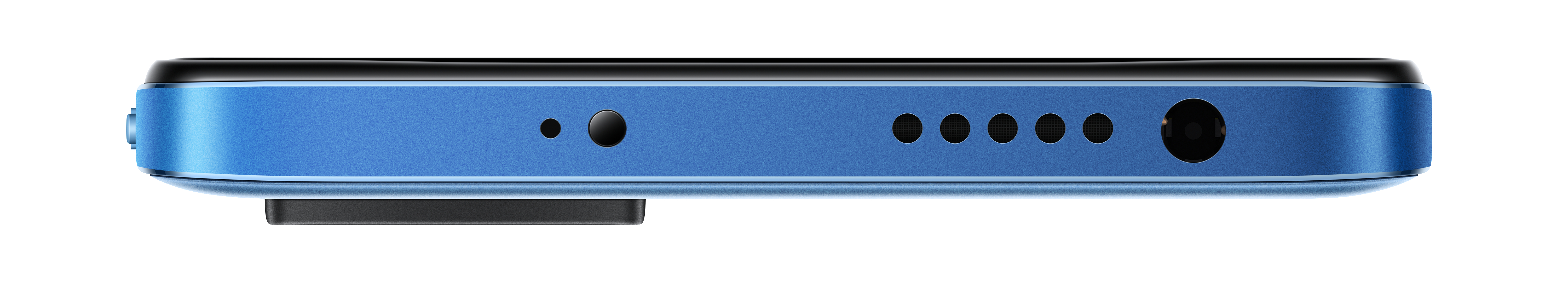 Blauer Telefonboden. Zeigt Ladeanschluss, Lautsprecher und Mikrofonlöcher. Weißer Hintergrund.