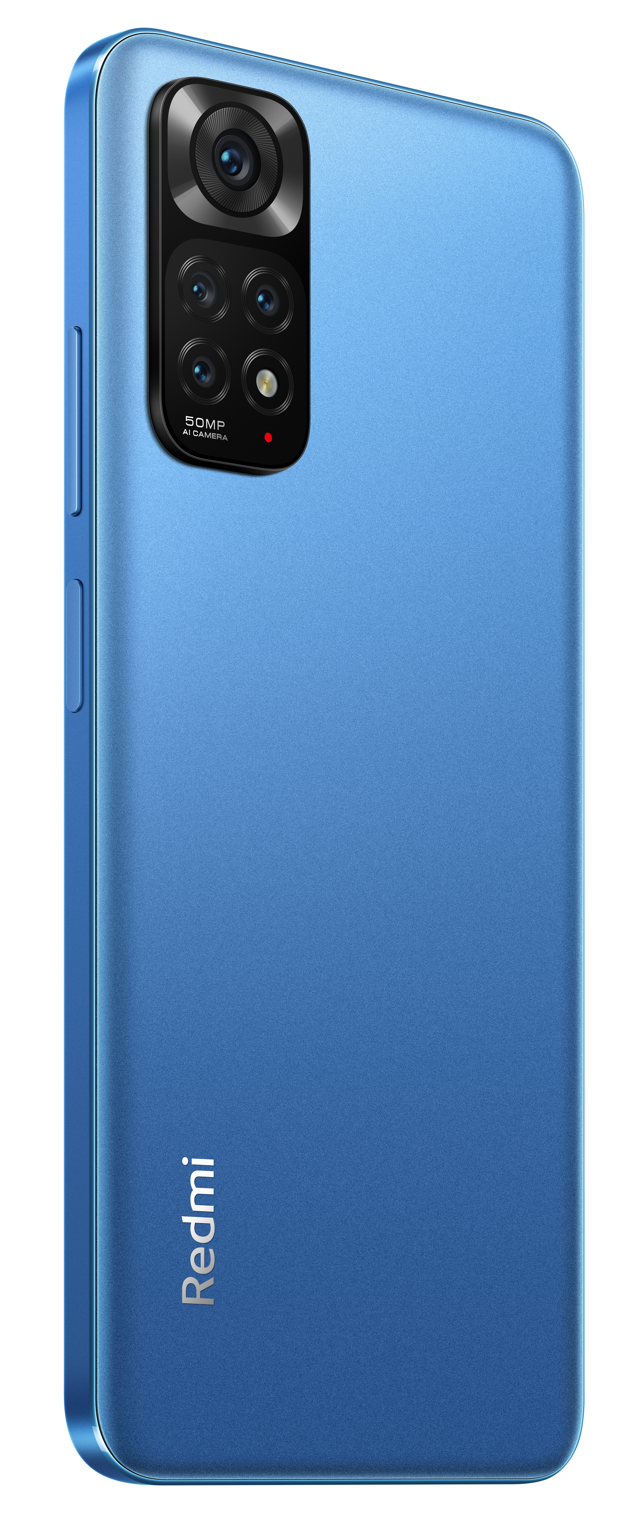 Blaues Telefon mit Dreifachkamera. Die Rückseite des Telefons ist sichtbar.