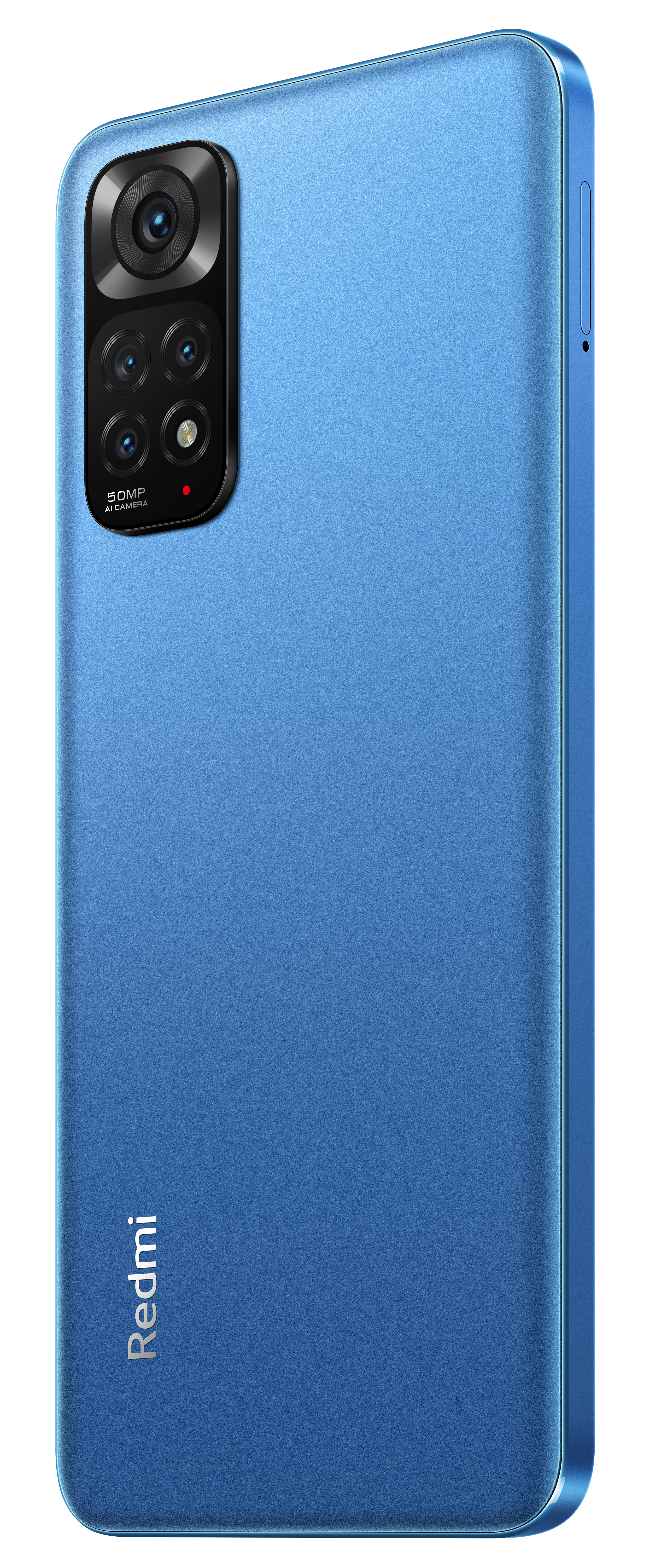 Blaues Smartphone auf weißem Hintergrund, mit Dreifachkamerasystem und Redmi-Logo.