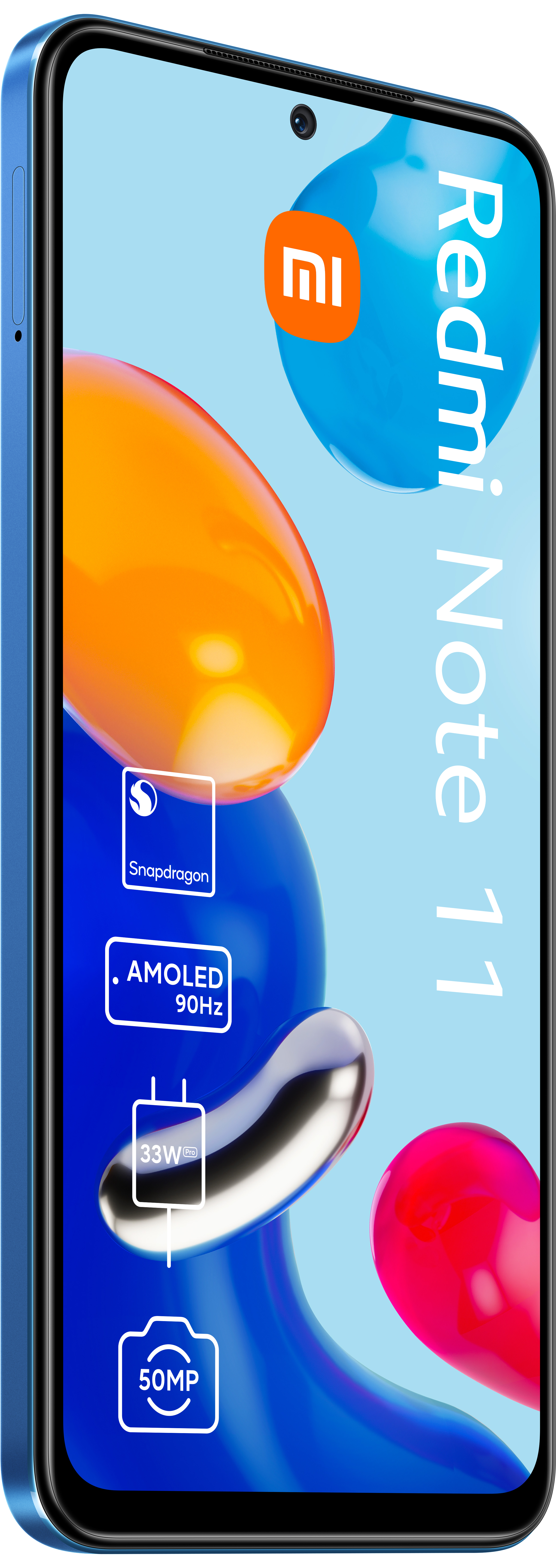 Blauer Telefonbildschirm mit Redmi Note 11 und Symbolen.