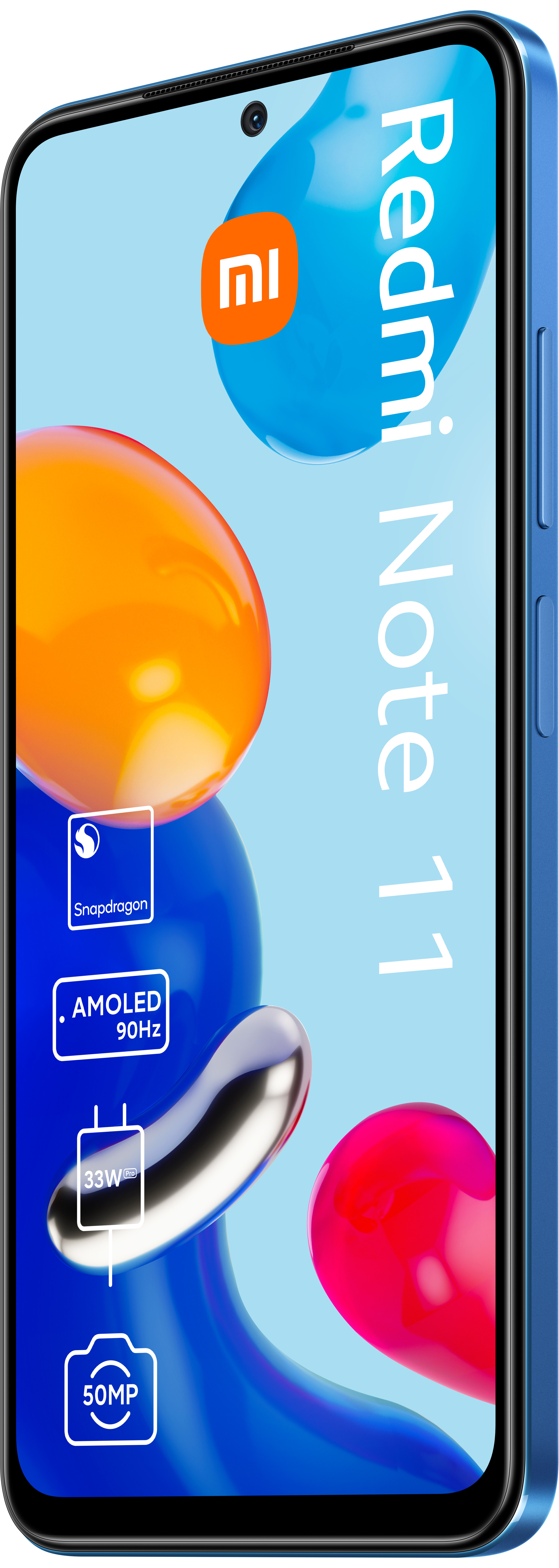 Blaues Telefon mit der Aufschrift 'Redmi Note 11'. Grafiken und Symbole werden angezeigt.