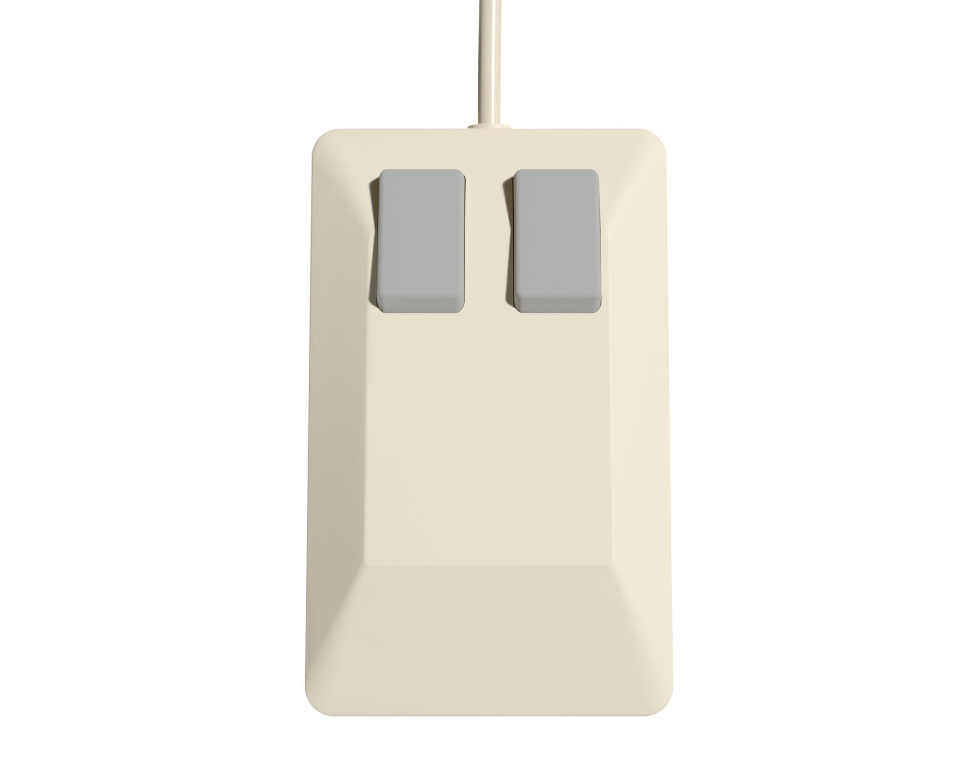 Eine cremefarbene, rechteckige Computermaus mit zwei grauen Tasten.