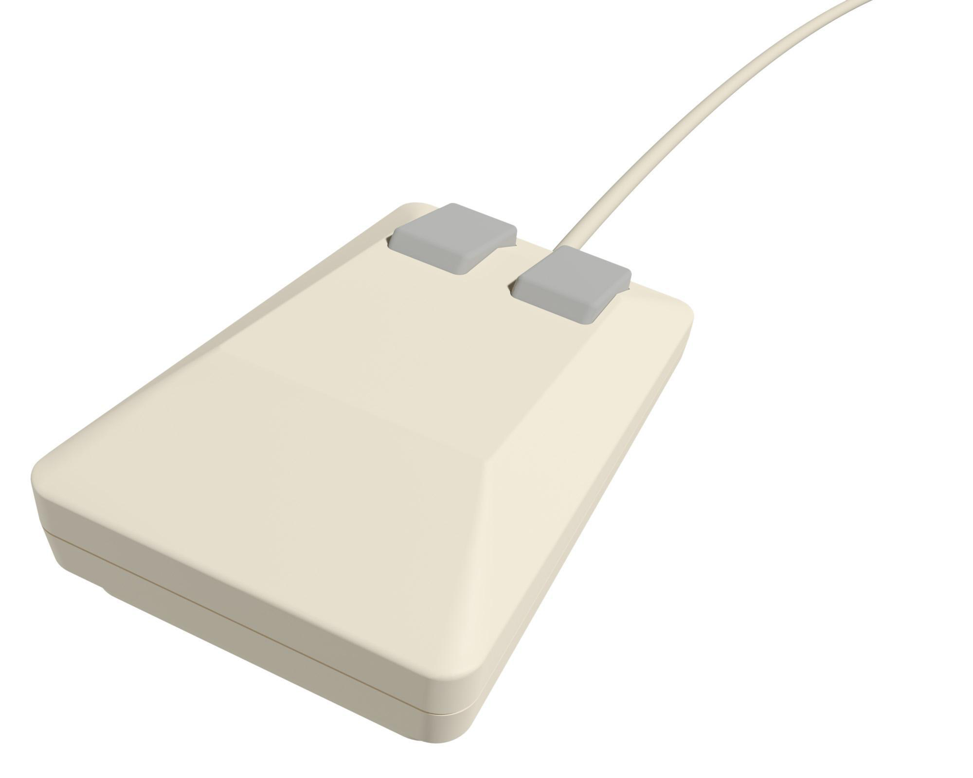 Eine Vintage-Computermaus mit zwei Tasten und einem Kabel.