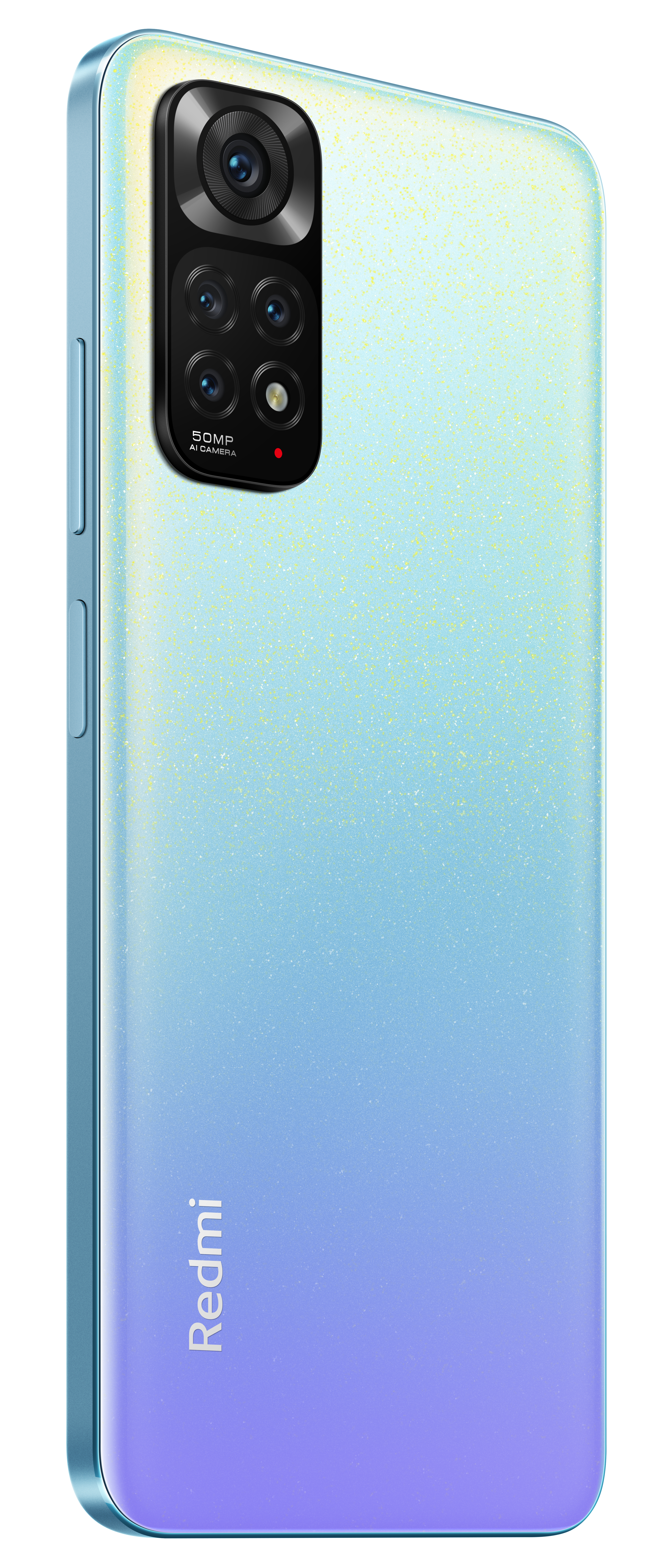 Ein hellblaues Smartphone mit mehreren Kameras ist in einem Winkel auf weißem Hintergrund dargestellt.