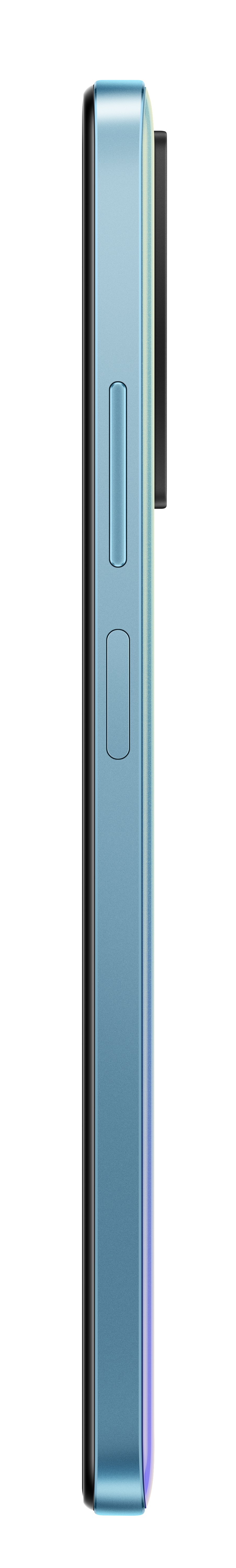 Blaue Telefonseitenansicht mit Tasten und Kameraerhöhung.