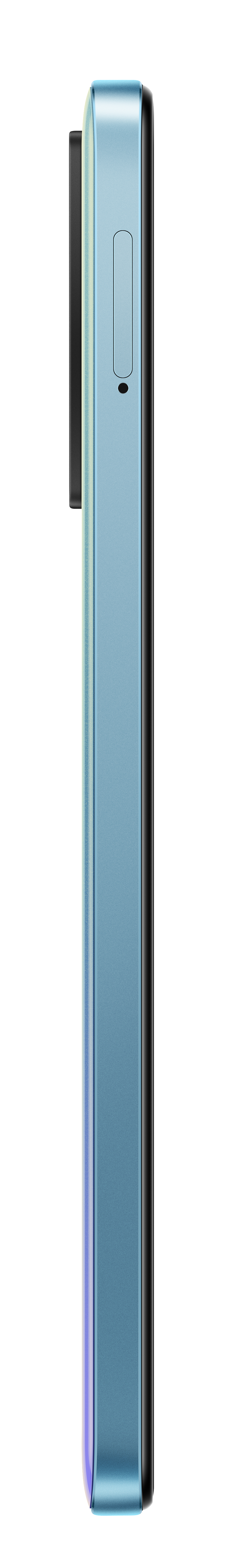 Blaue Seitenansicht eines Smartphones mit einer Taste an der Seite.