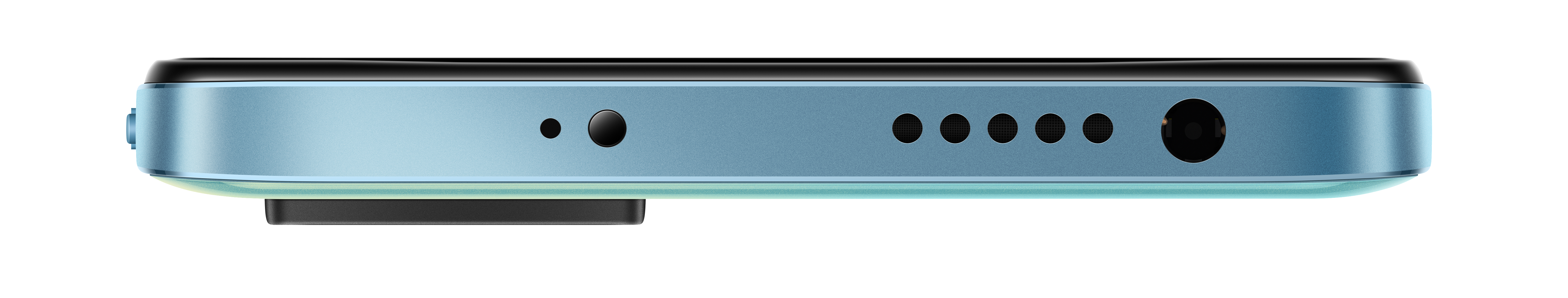 Nahaufnahme der Unterseite eines Smartphones. Merkmale: USB-C-Anschluss, Mikrofon, Lautsprecher.
