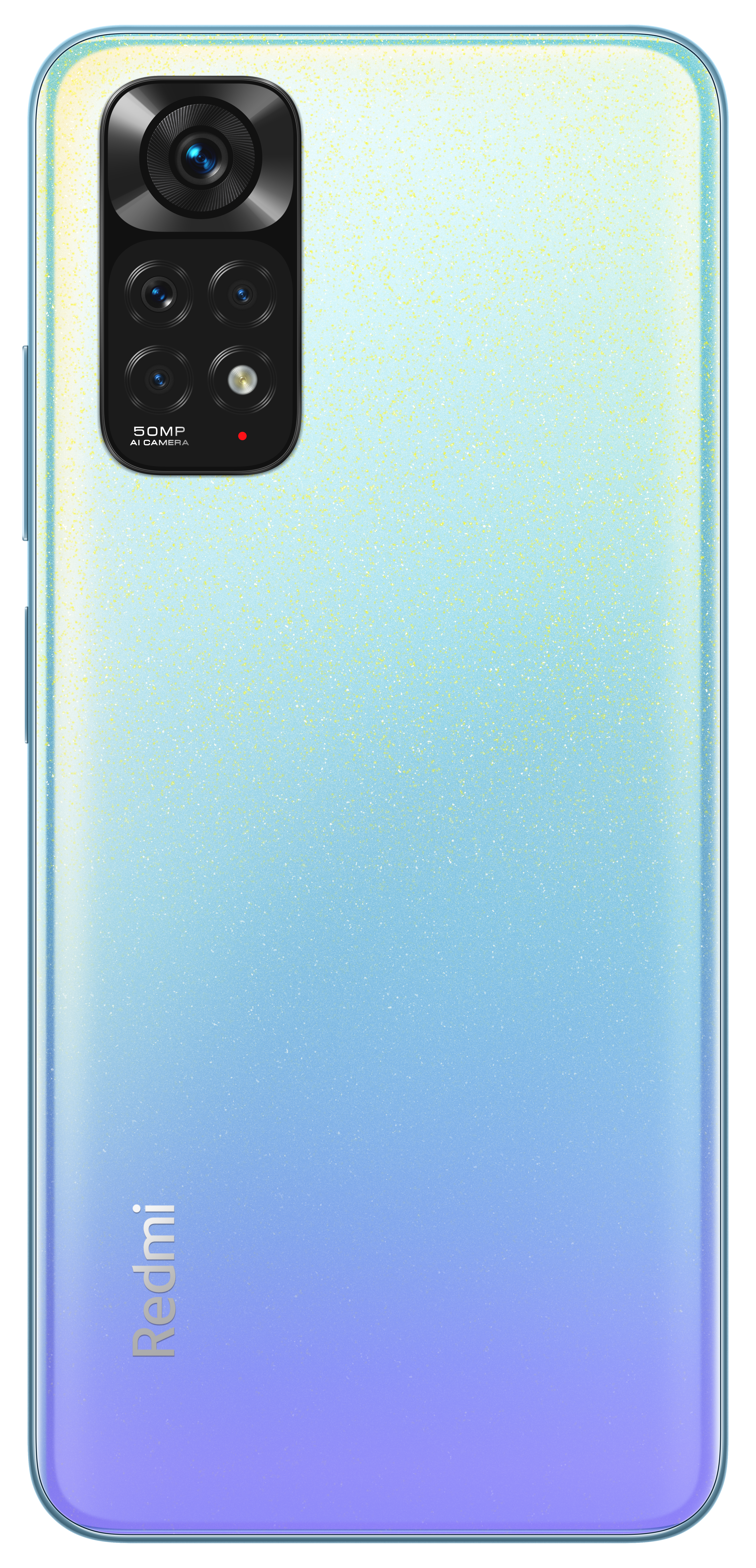 Rückansicht eines Smartphones. Farbverlauf blau und lila. Enthält ein Kamera-Array und Redmi-Logo.