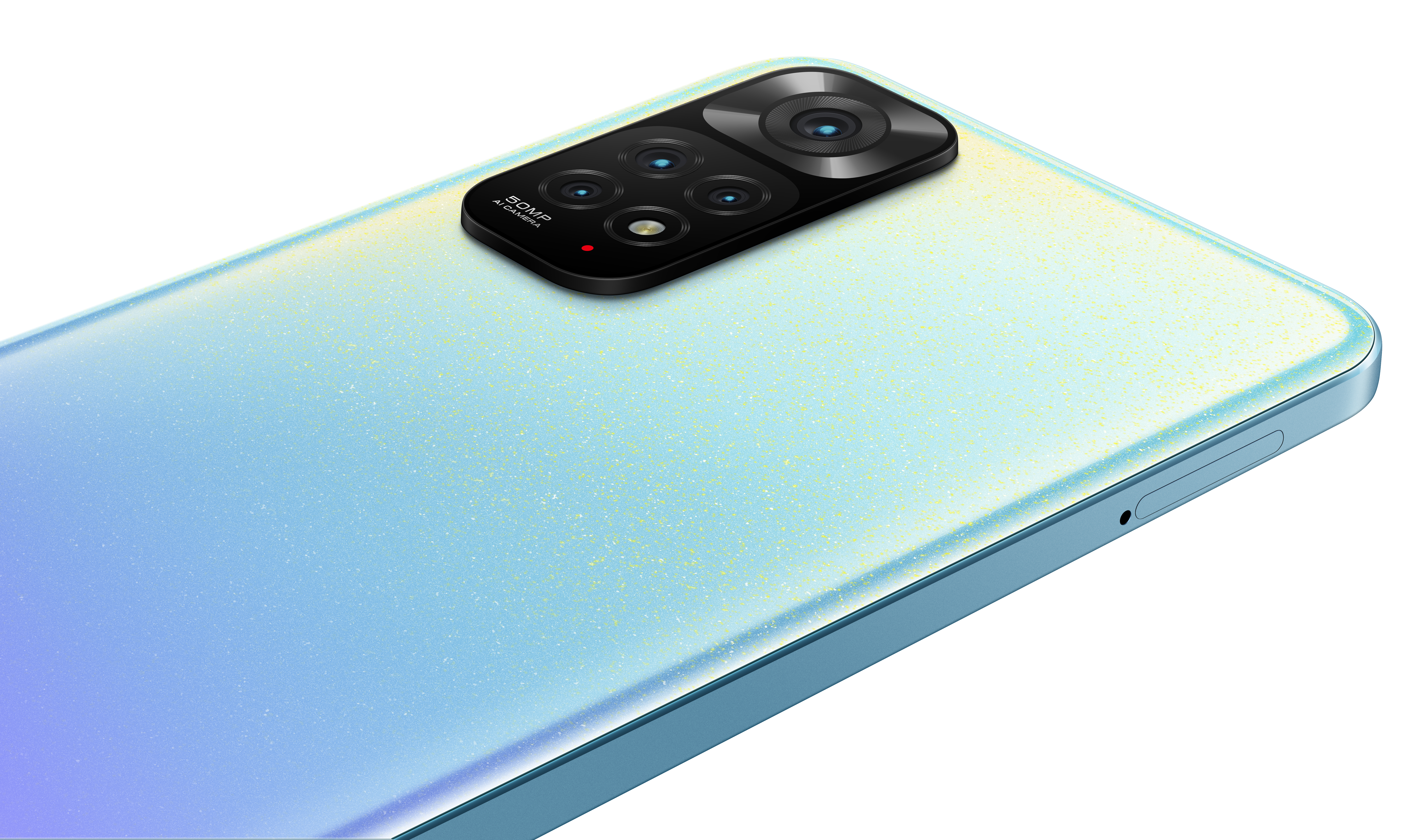 Ein blaues Telefon mit Kameraausbuchtung, Rückansicht. Glänzende, Farbverläufe.