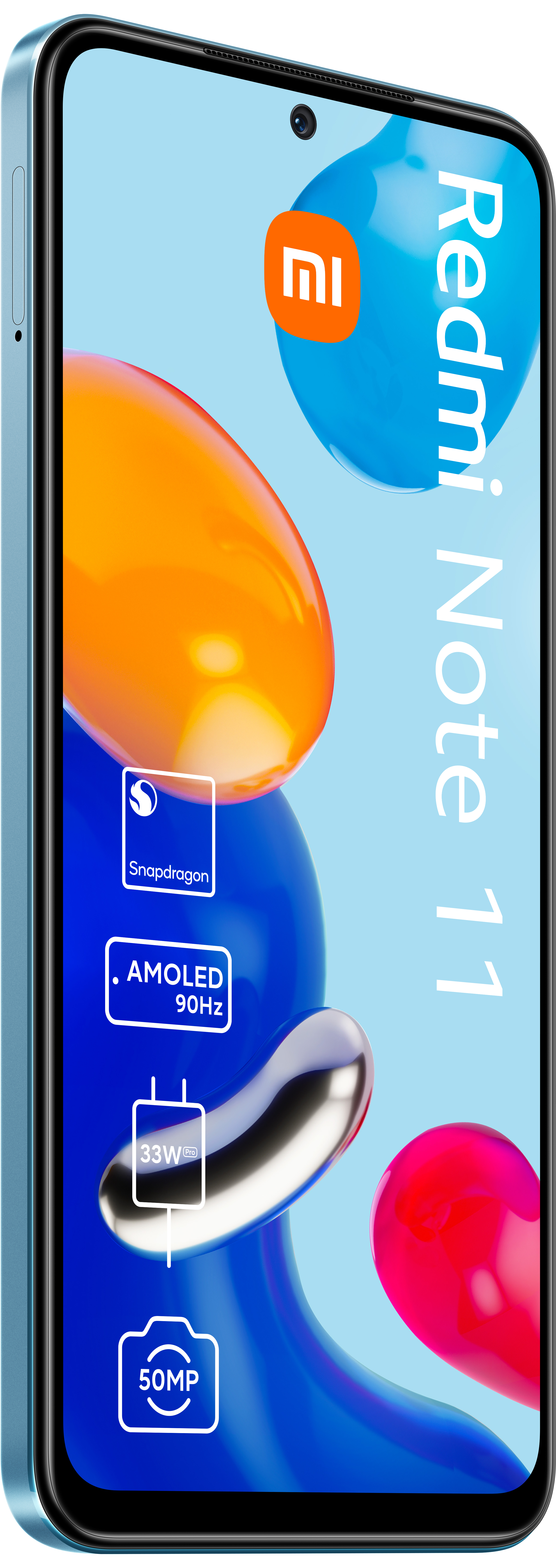 Blaues Redmi Note 11 Telefon mit Bildschirmdetails.