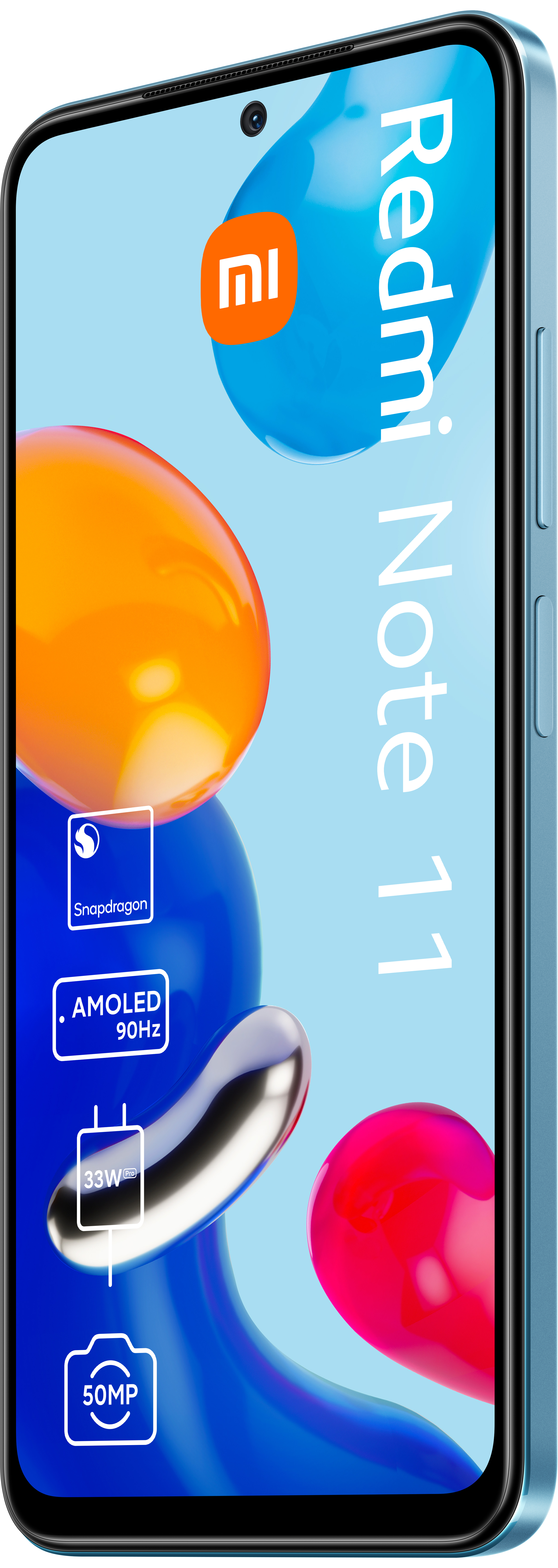 Hellblauer Telefonbildschirm mit App-Anzeige mit Text und Grafiken, blau-orangener Hintergrund.