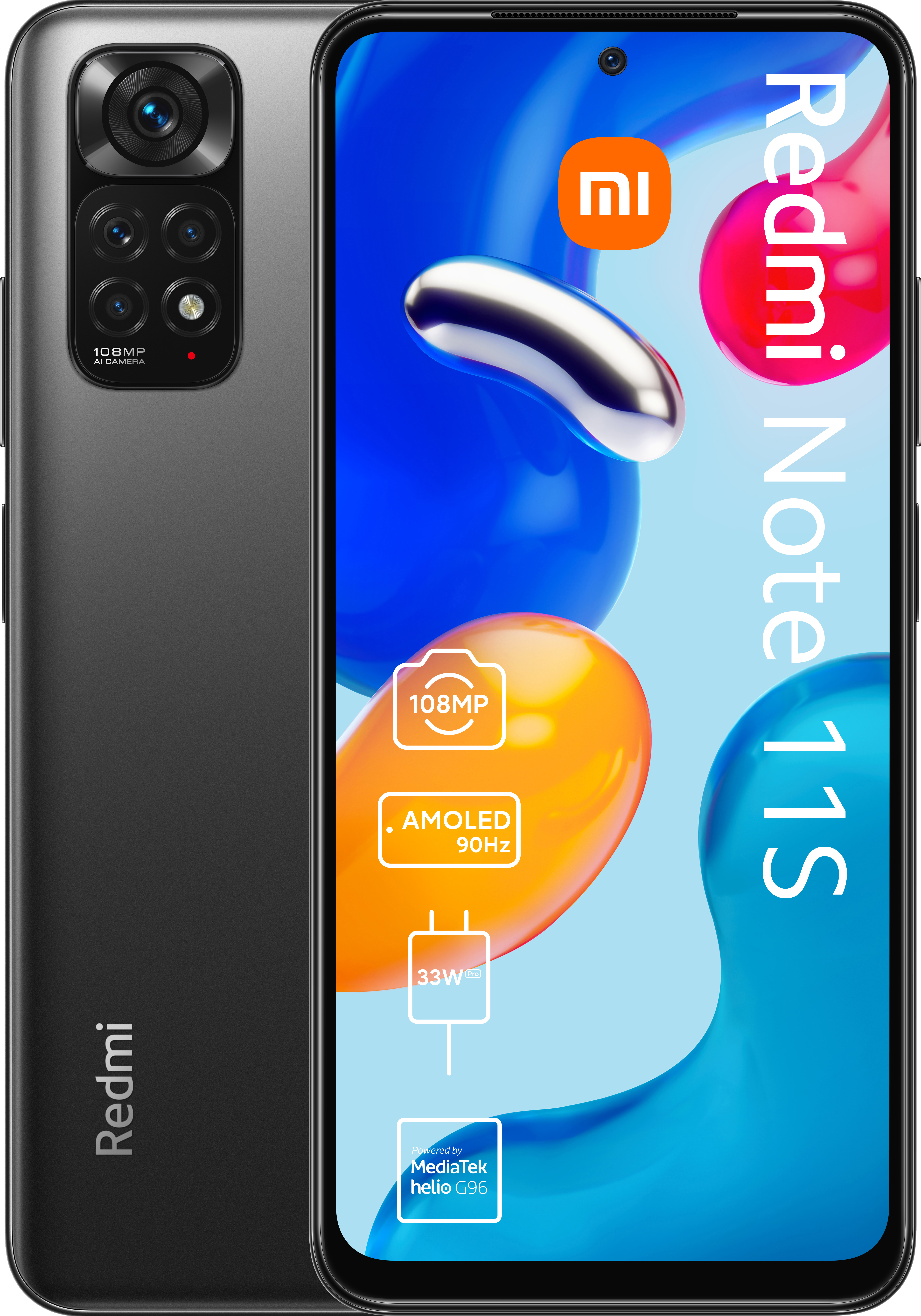Redmi Note 11S Telefon, graue Farbe, zwei Kameras, AMOLED-Bildschirm, 5G und MediaTek-Logo.