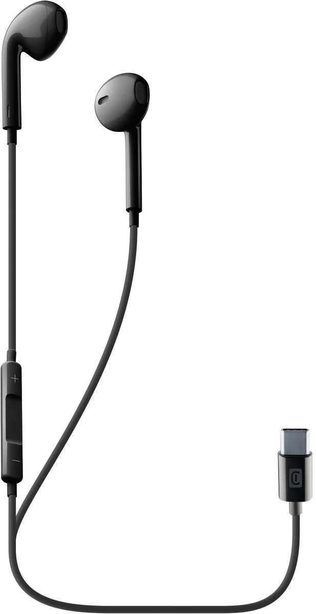 Schwarze Ohrhörer mit Steuermodul und USB-C-Anschluss, vor schwarzem Hintergrund.
