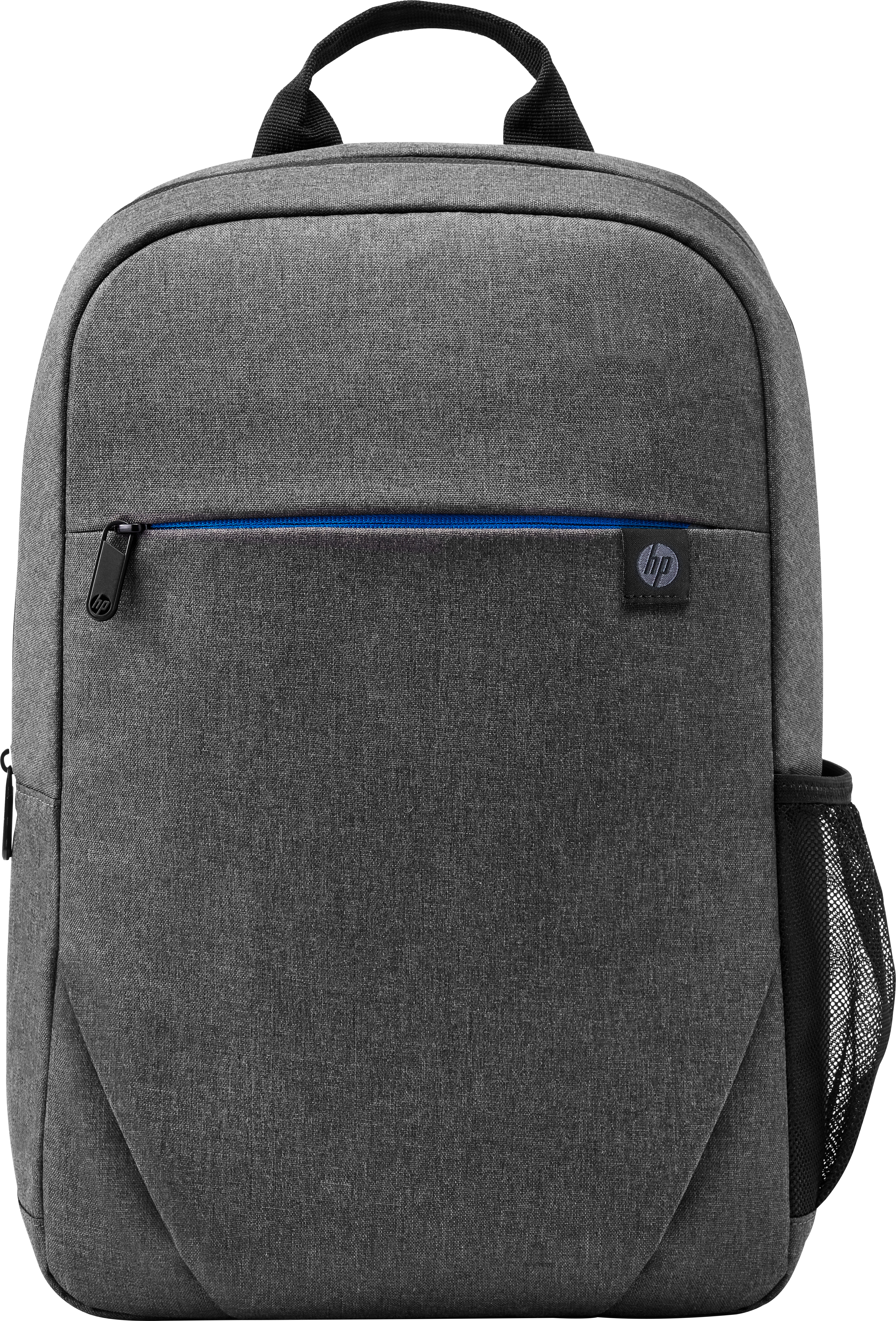 Grauer Rucksack mit schwarzen Reißverschlüssen, Vordertasche mit blauem Akzent, Seitentasche.