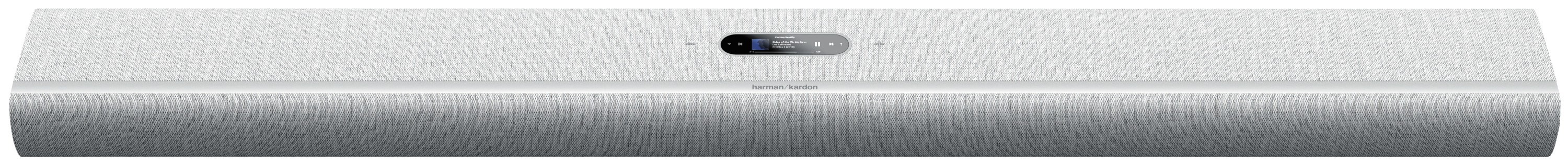 Een lange, witte soundbar met een klein display in het midden, met muziekbediening.