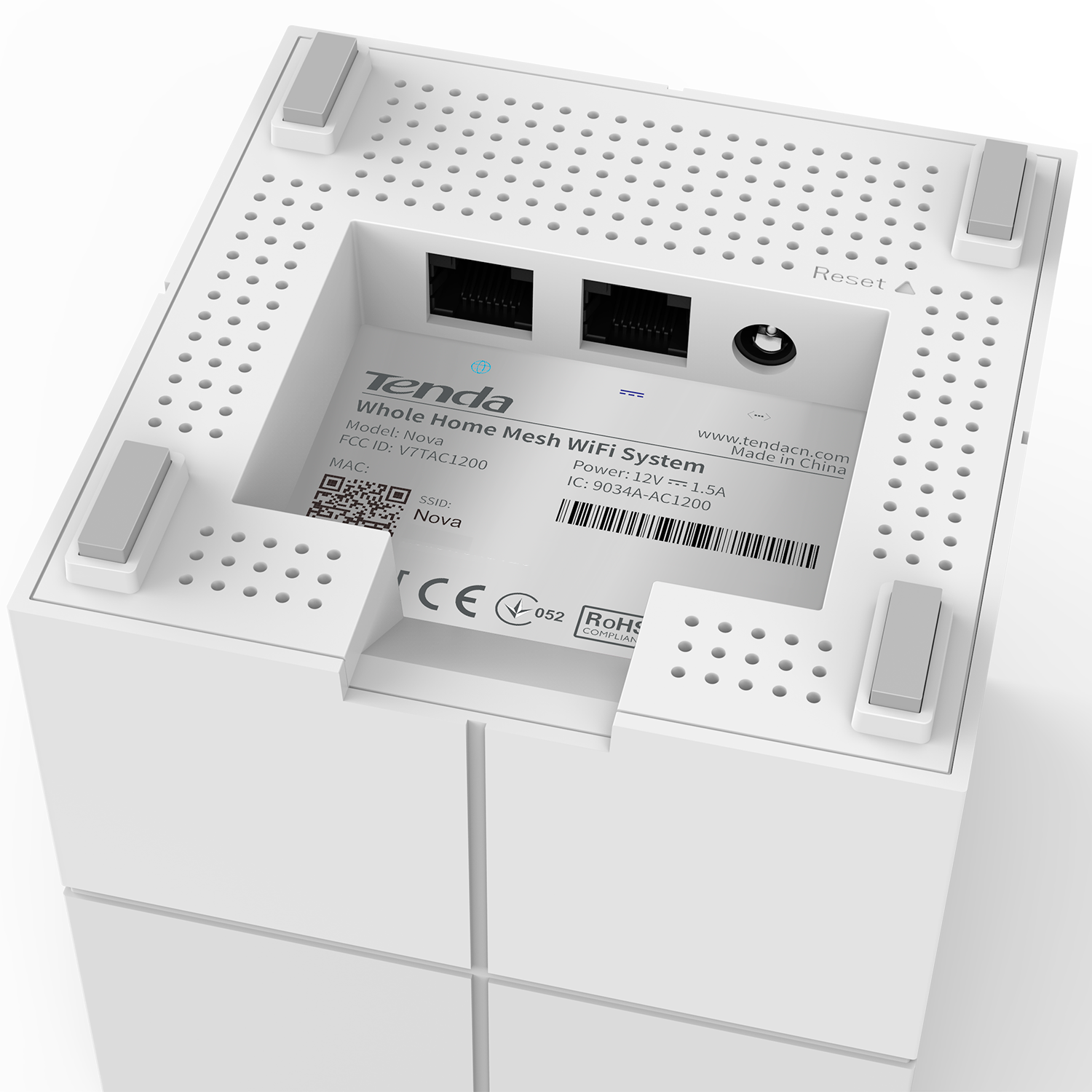 Sistema WiFi de malla blanco. Con puertos Ethernet, botón de reinicio y patas grises. Logotipo Tenda visible.