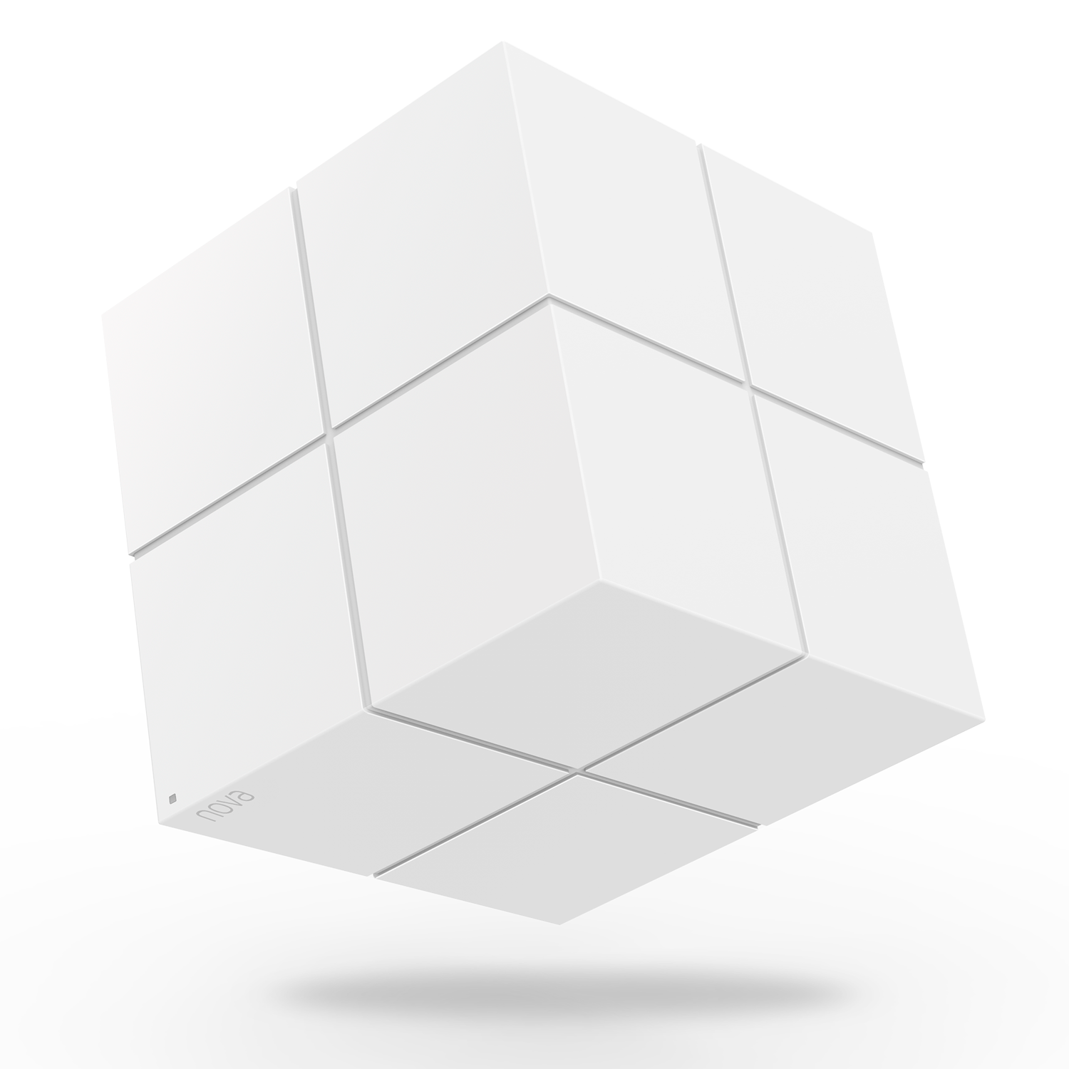 Cubo blanco con 6 cuadrados blancos visibles. Tiene 'nova' en la parte inferior izquierda.