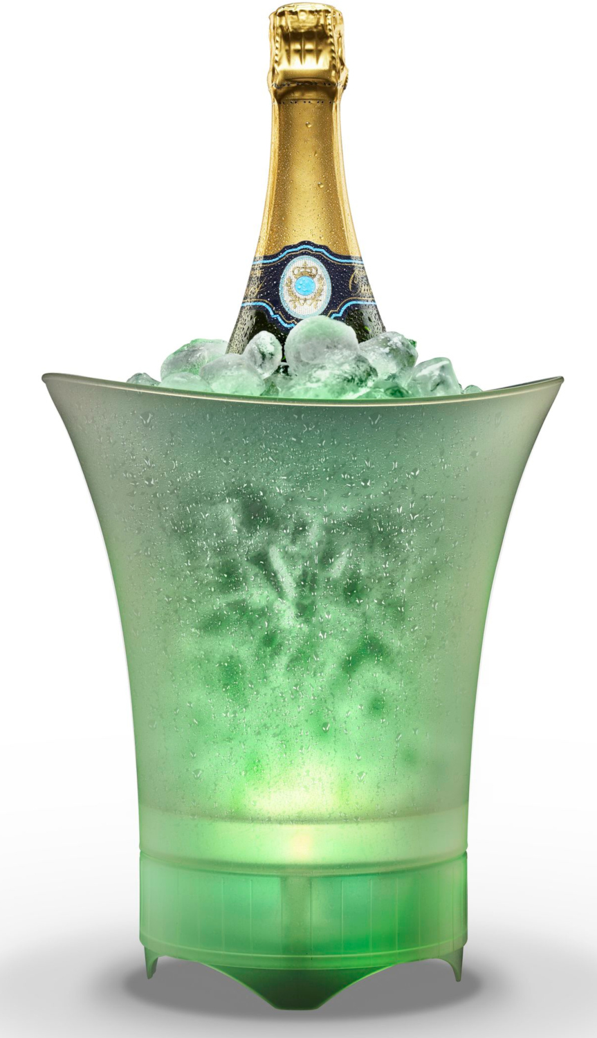Champagne bottle in a green light-up ice bucket filled with ice cubes.