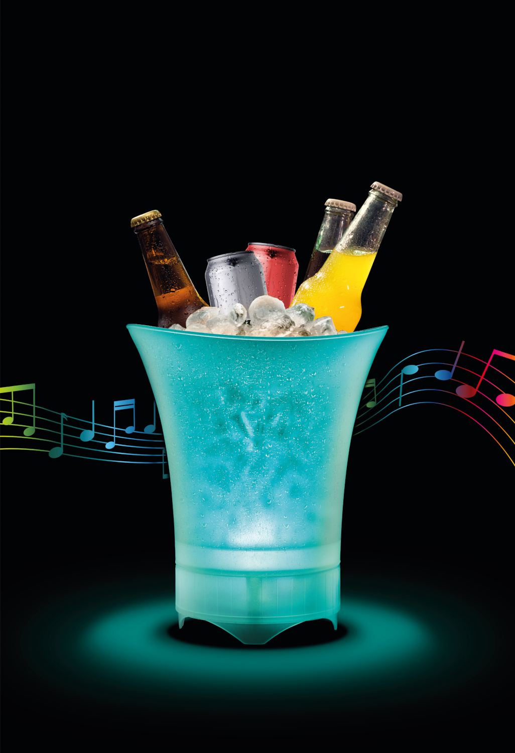 A glowing blue ice bucket with bottles and cans, surrounded by musical notes.