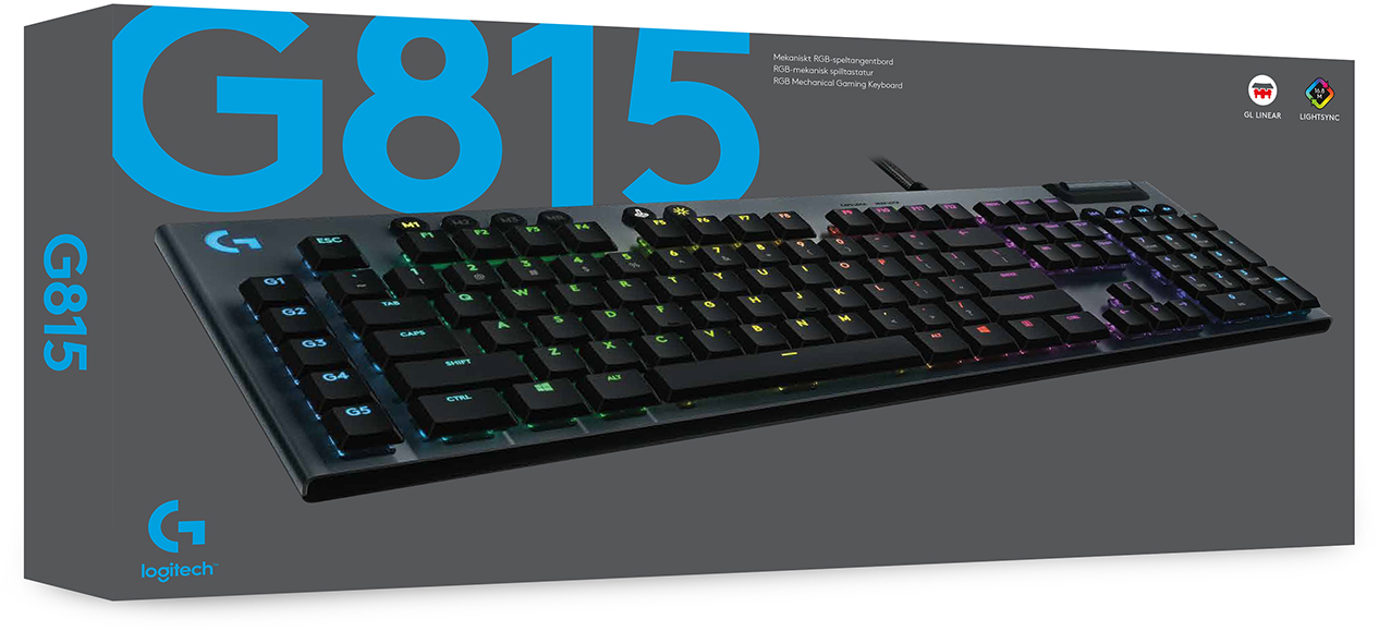 Une boîte de clavier avec le nom G815. C'est un clavier de jeu mécanique avec éclairage RVB.