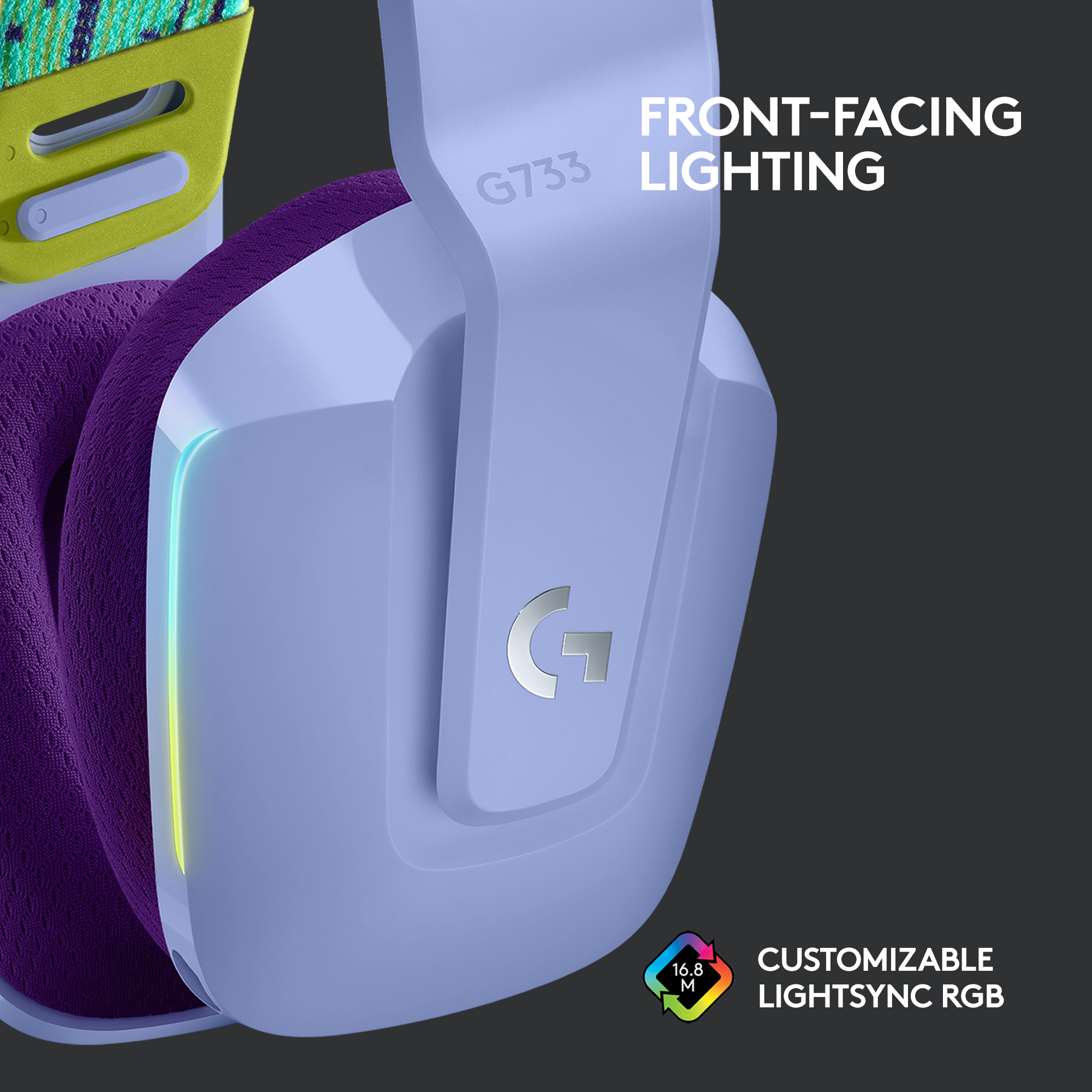 Casque violet et bleu avec lumières. Le texte indique 'Éclairage frontal' et 'RGB Lightsync personnalisable'.