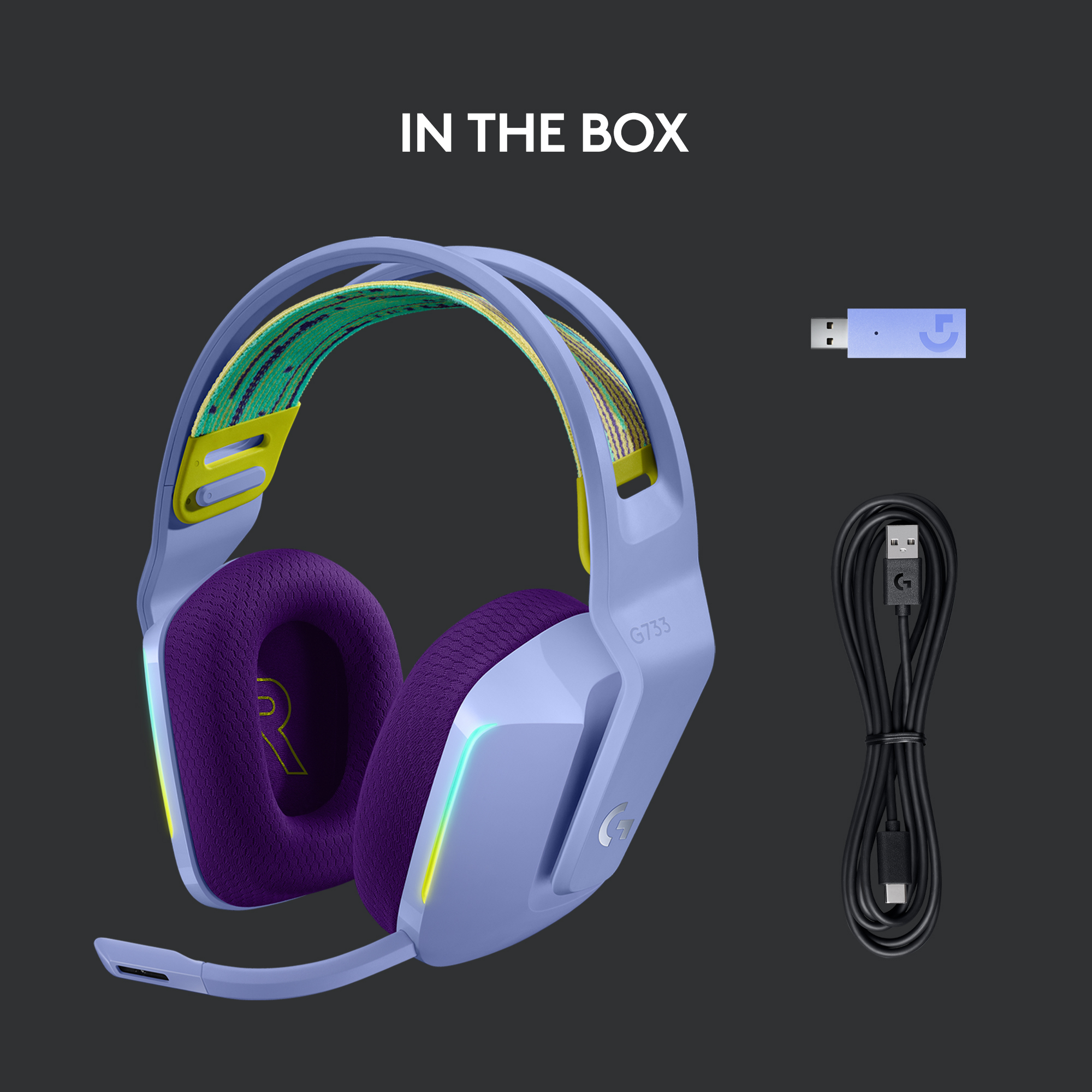 Casque de jeu bleu avec oreillettes violettes et microphone. Comprend un dongle USB et un câble.