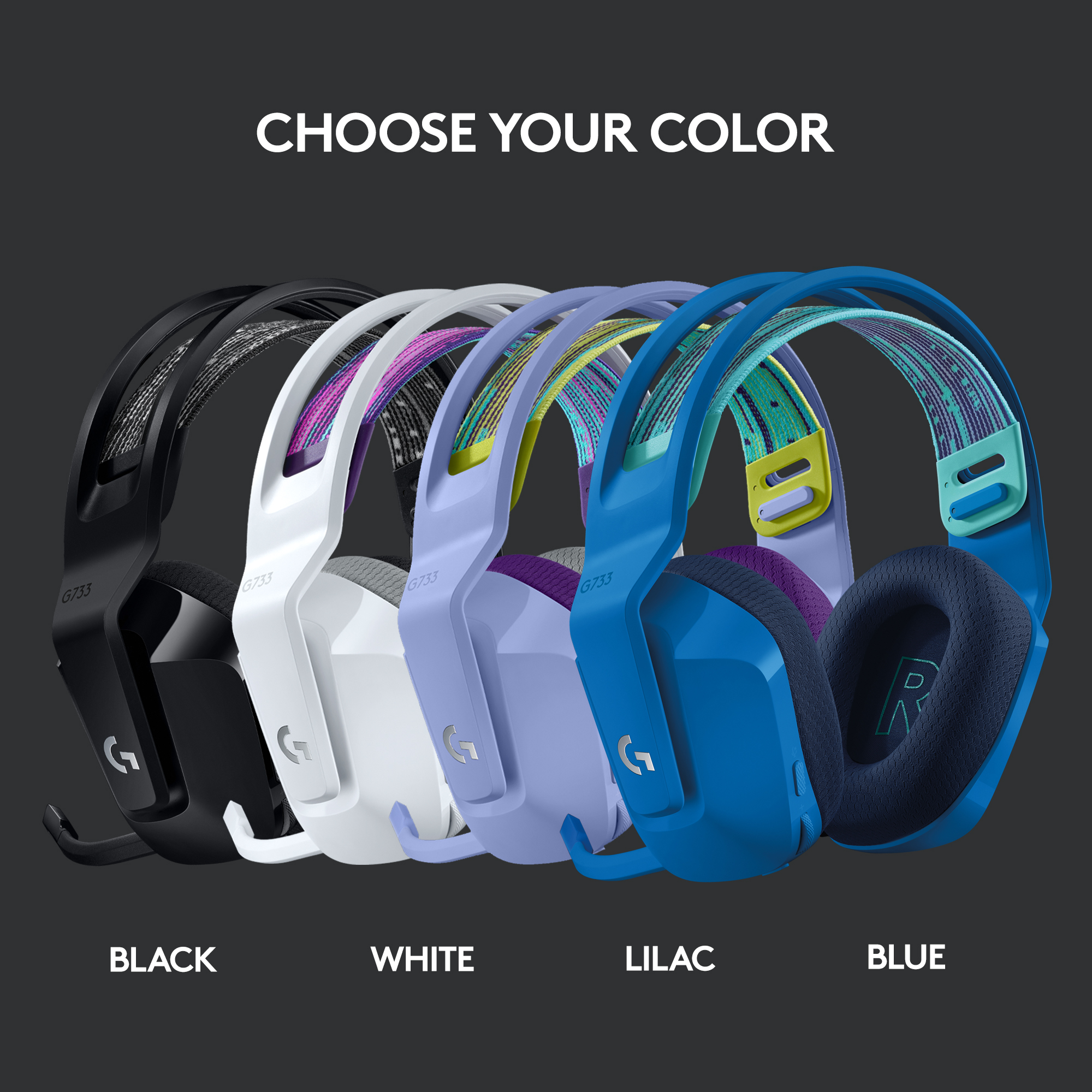 Casque audio en cinq couleurs : noir, blanc, lilas et bleu sur fond gris foncé.