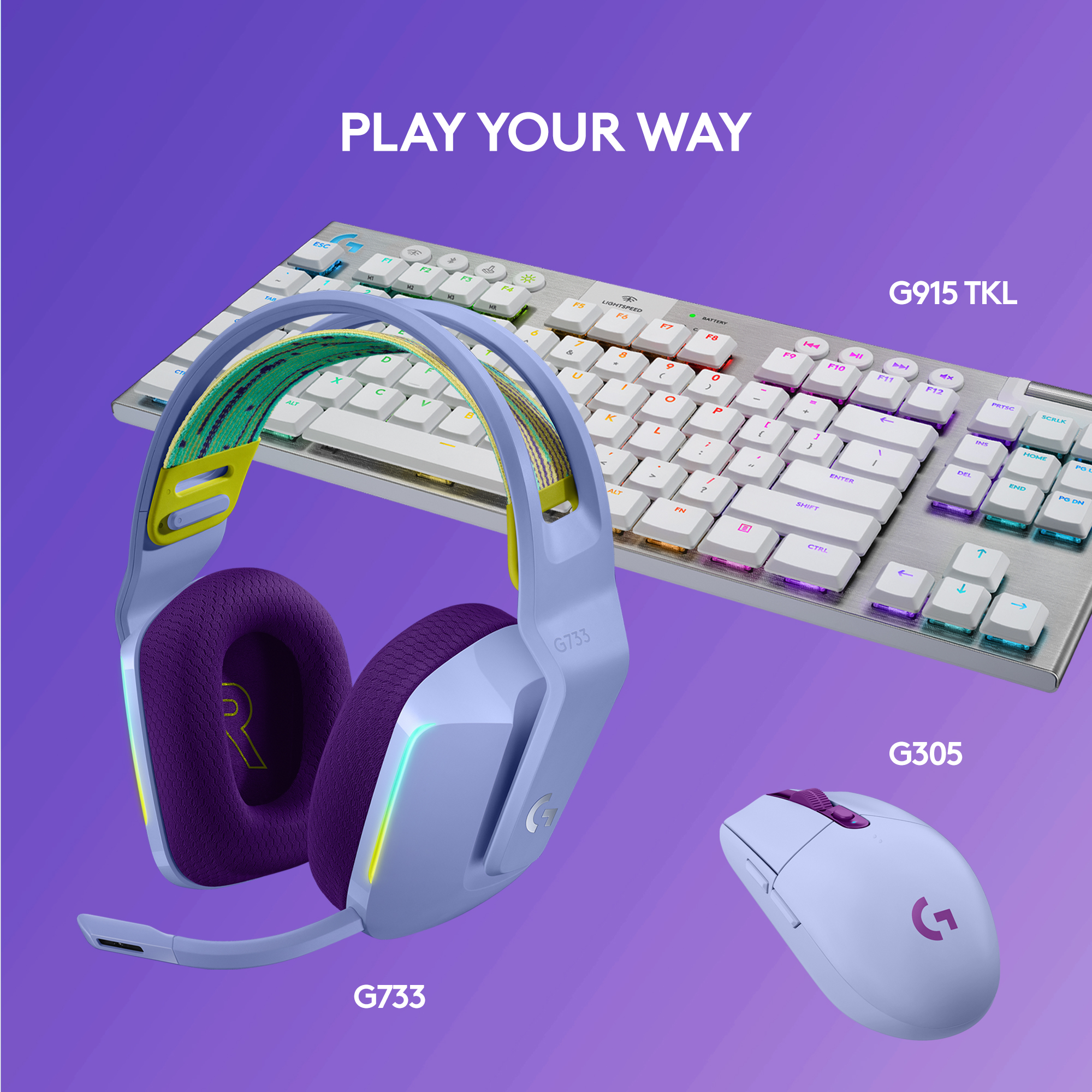Configuration de jeu : un clavier, un casque et une souris, avec une palette de couleurs violet et bleu.