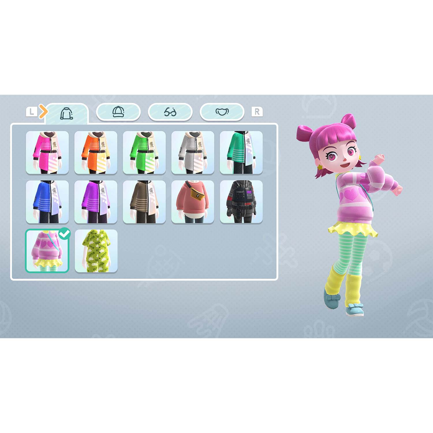 Personaggio in un gioco con abiti personalizzabili. Ragazza dai capelli rosa con scelte.