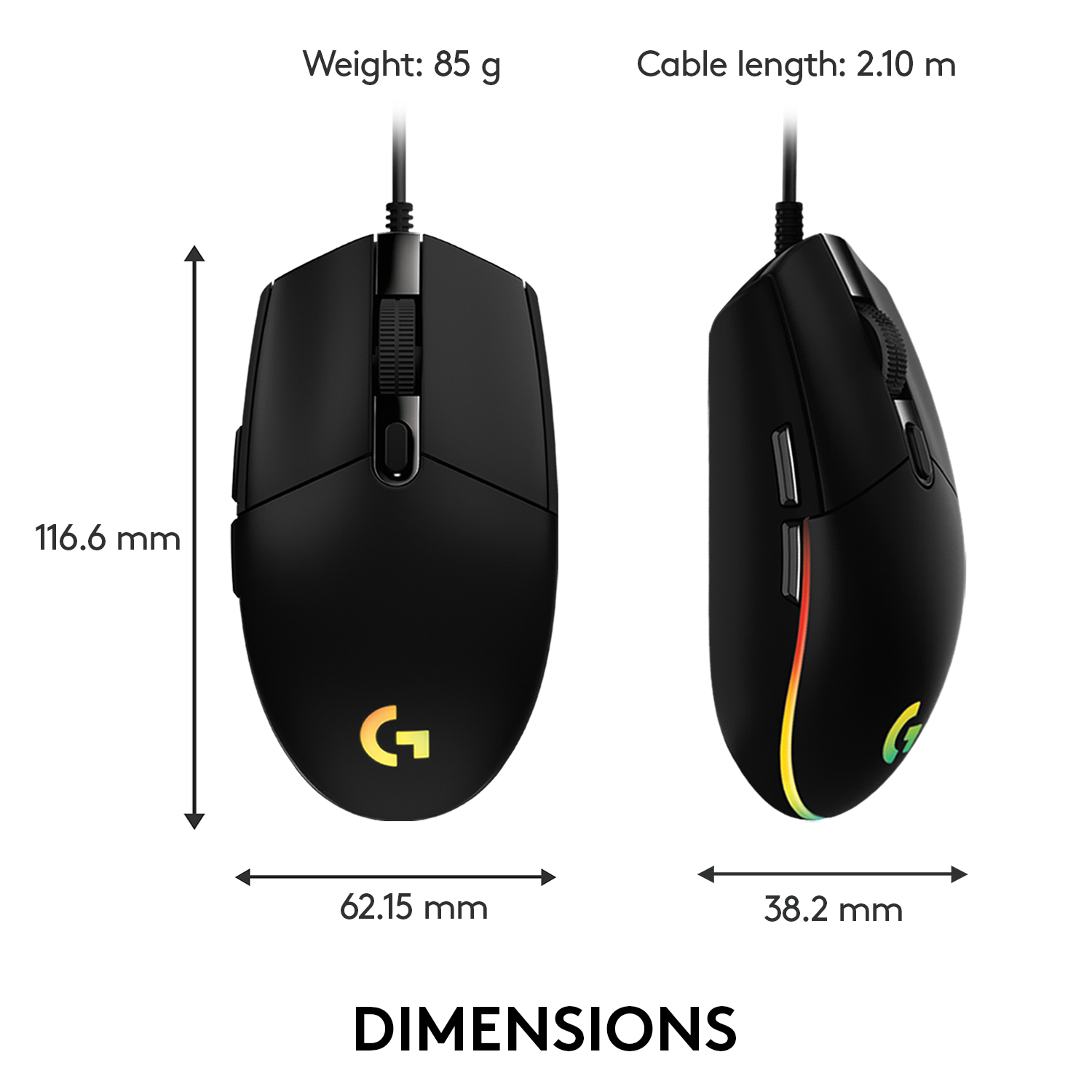 Eine schwarze Gaming-Maus mit Messungen und Logo, zeigt Abmessungen.