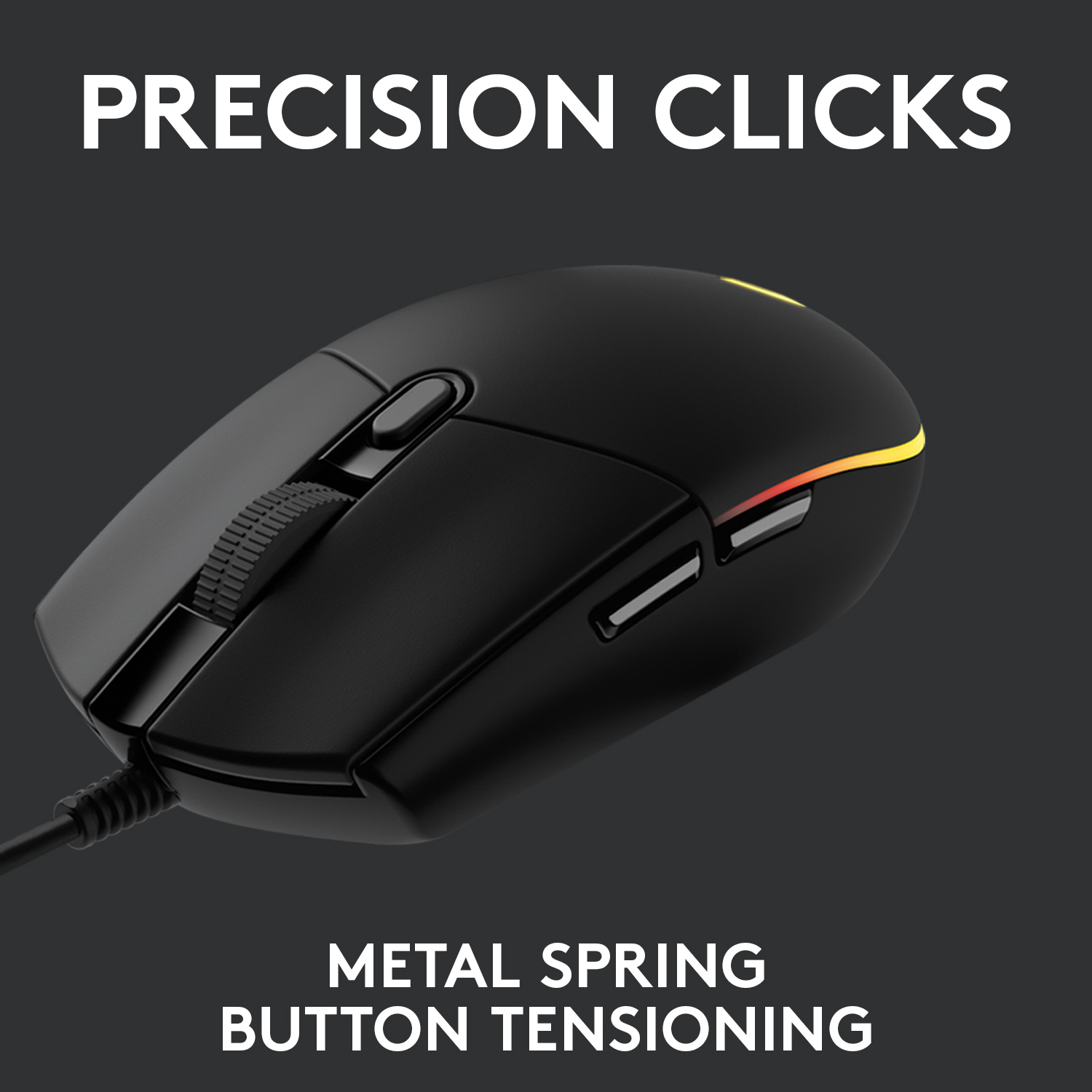 Schwarze Gaming-Maus mit gelben und roten Lichtern. Der Text lautet: PRÄZISION-KLICKS und METALLFEDER-TASTENSPANNUNG.