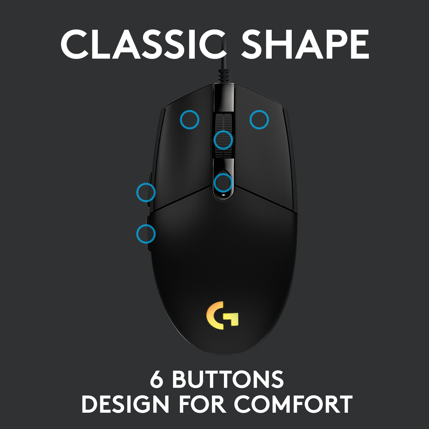Eine schwarze Computermaus mit sechs Tasten und einem Logo. Der Text lautet '6 BUTTONS DESIGN FOR COMFORT'.