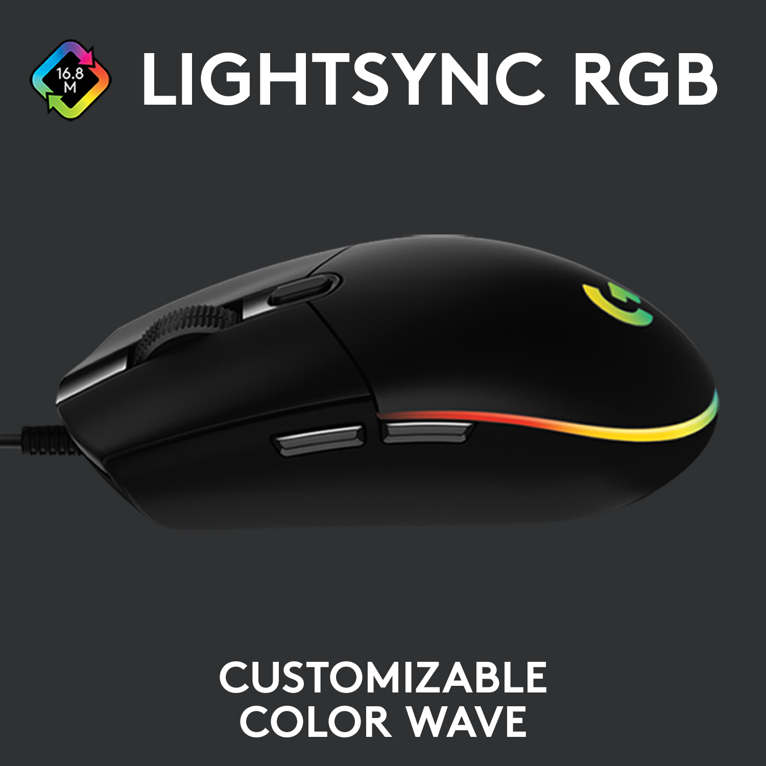 Schwarze Gaming-Maus mit RGB-Beleuchtung. Text sagt 'CUSTOMIZABLE COLOR WAVE' und 'LIGHTSYNC RGB'.