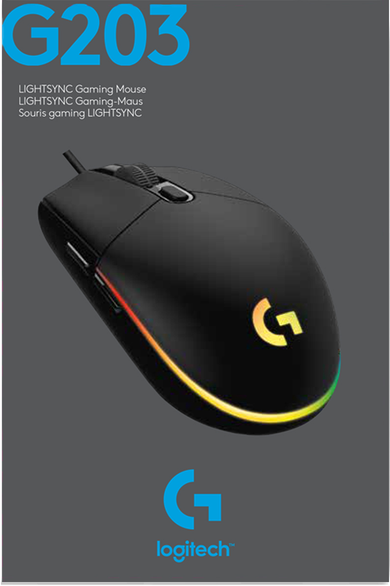 Eine schwarze Gaming-Maus mit RGB-Beleuchtung und dem Logitech-Logo auf grauem Hintergrund.