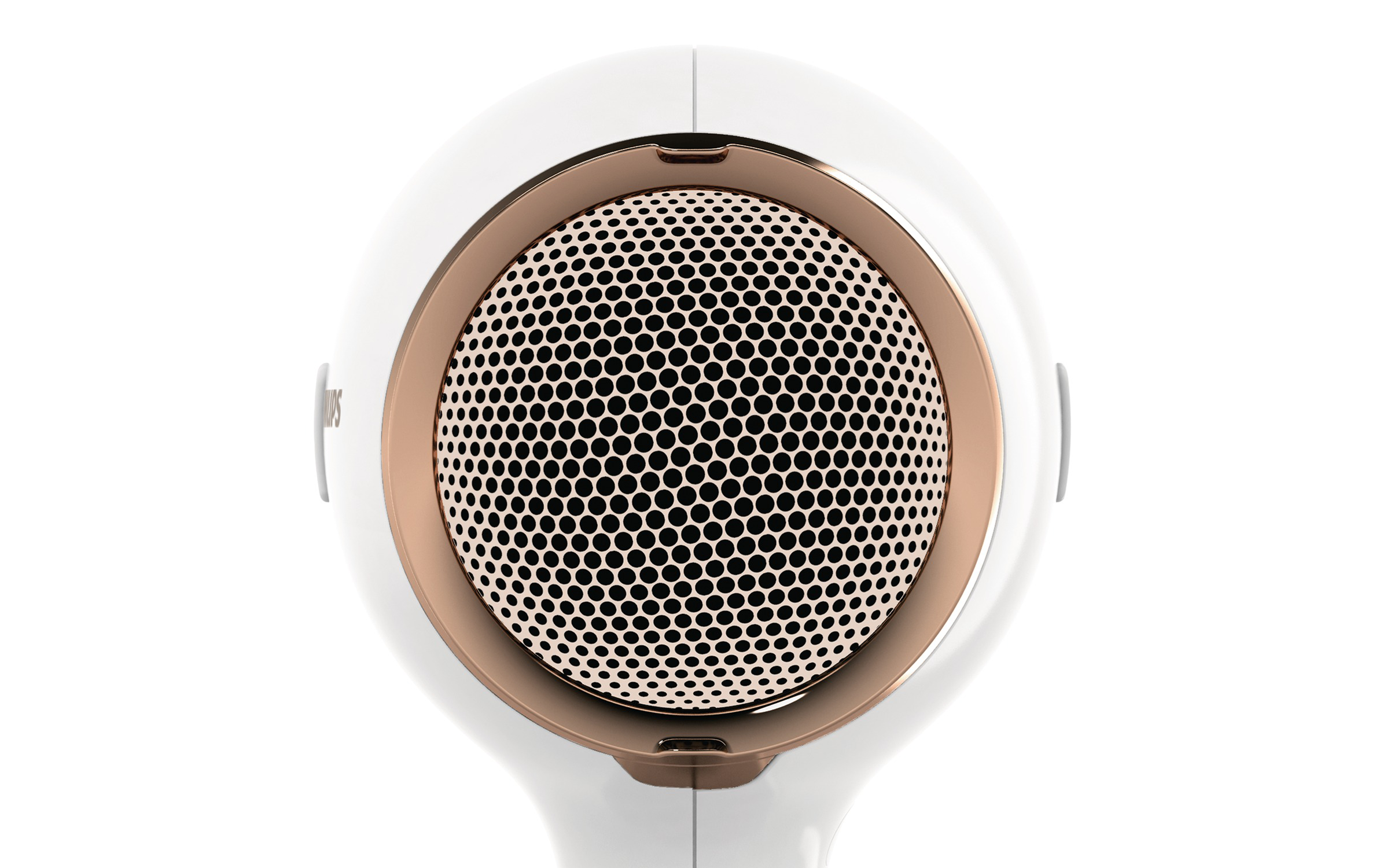 Close-up of a white hair dryer with a rose gold and black mesh front. The background is white.