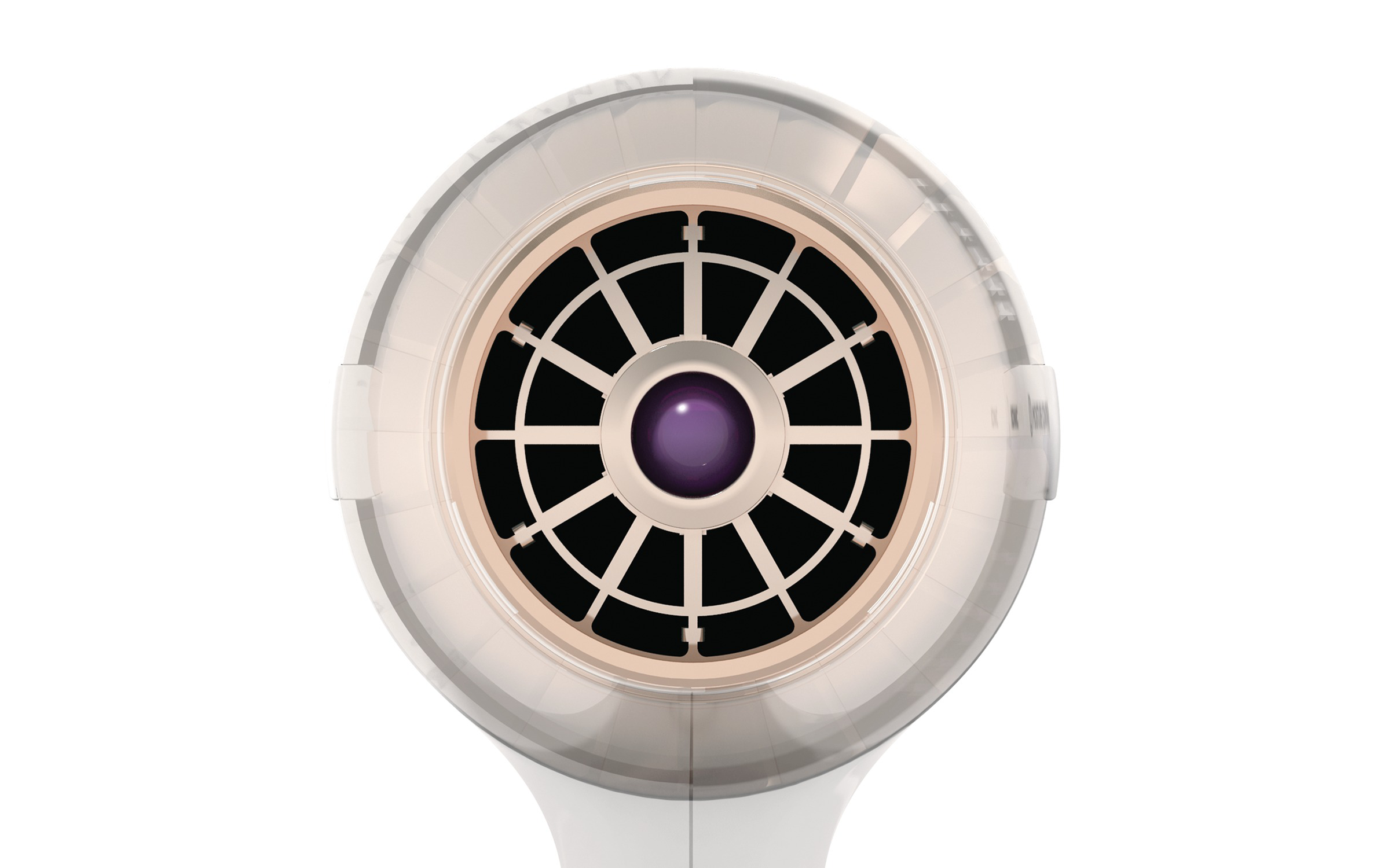 Close-up of a white hairdryer's nozzle. It has a circular design with a black grid and purple center.