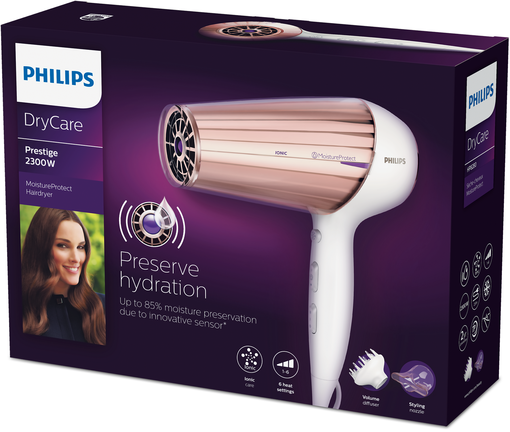 A Philips DryCare hair dryer in a box with a woman's image and text.