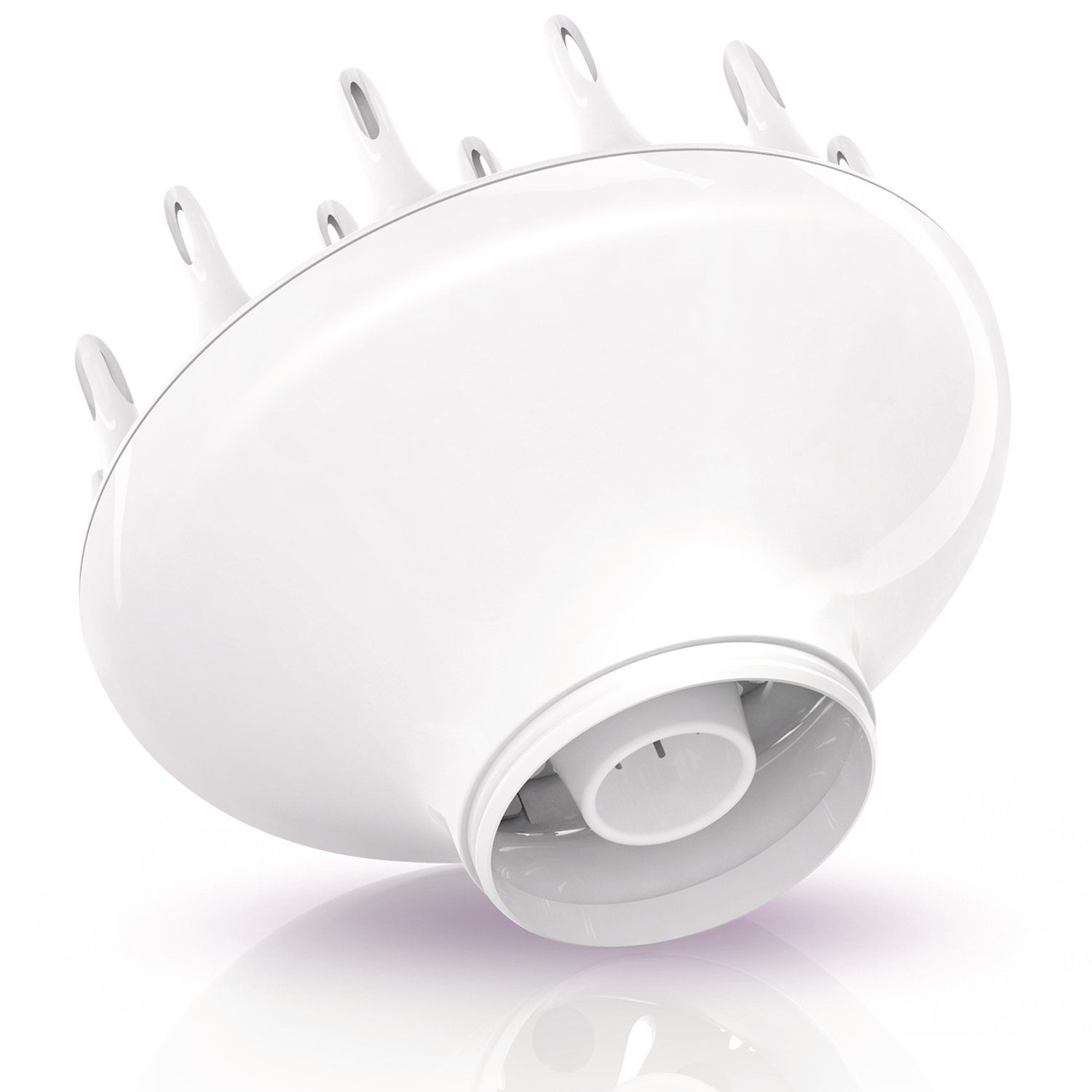 A white hair dryer diffuser with multiple nozzle-like extensions angled upwards.