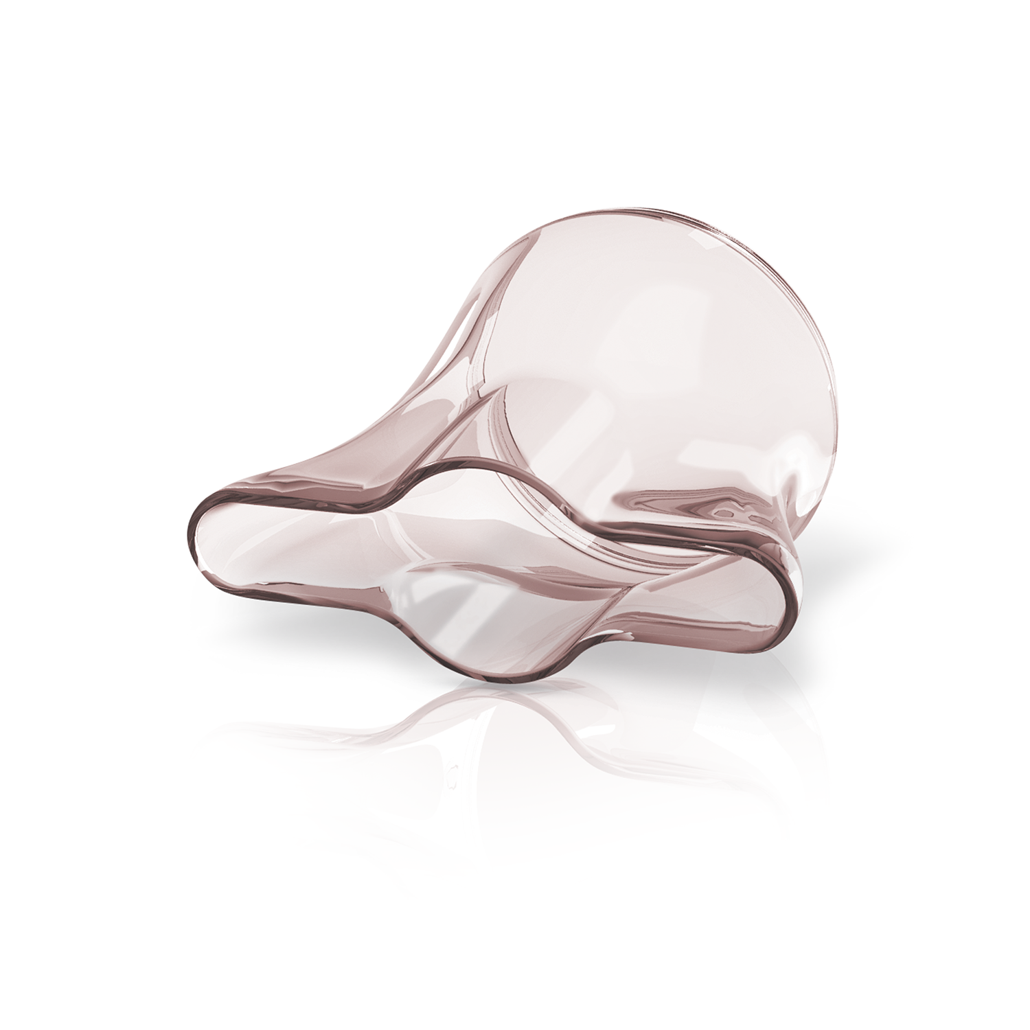 A transparent, curved glass object is on a white surface, casting a shadow.