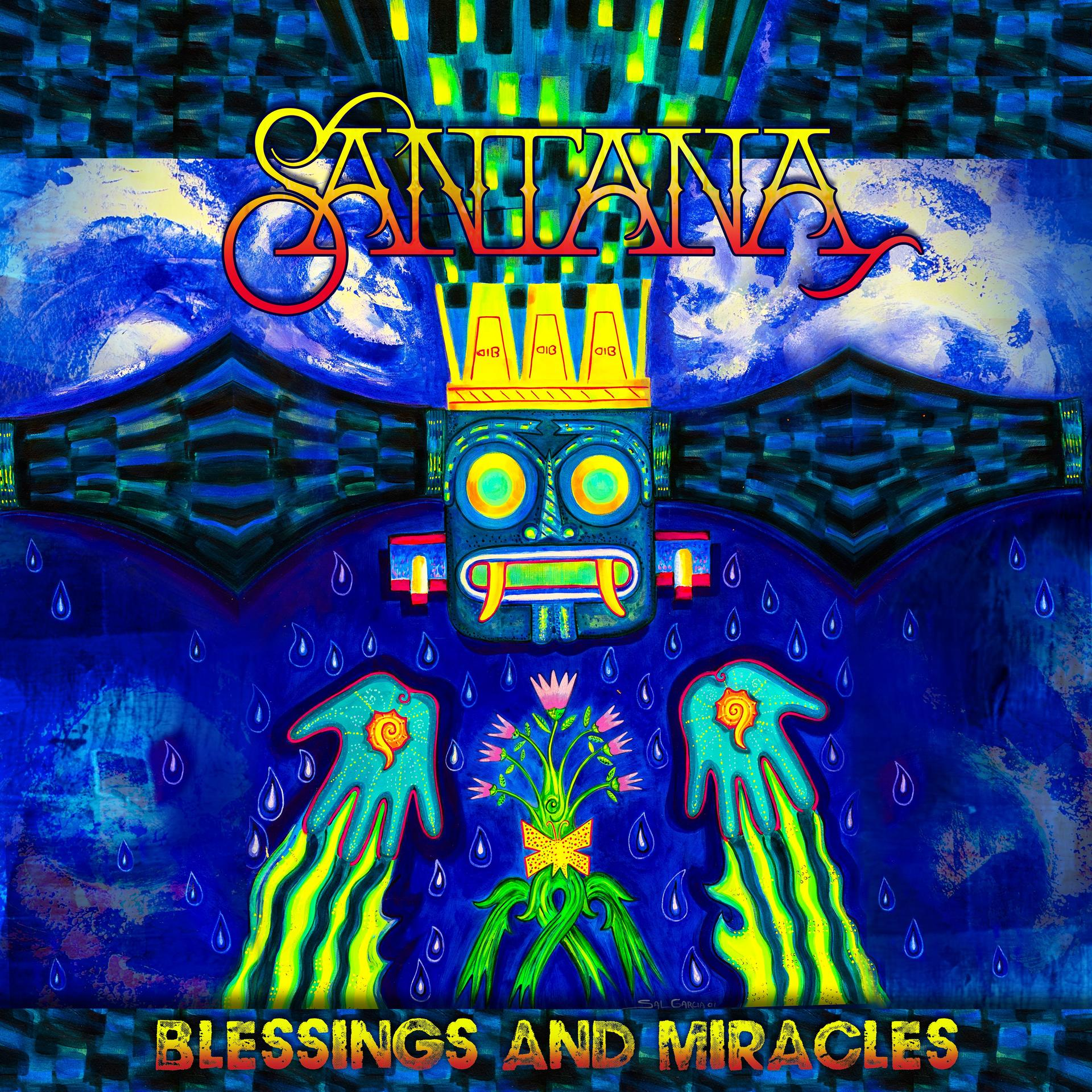 Santana album borító. Egy színes maszk virágokkal, felül a zenekar nevével.