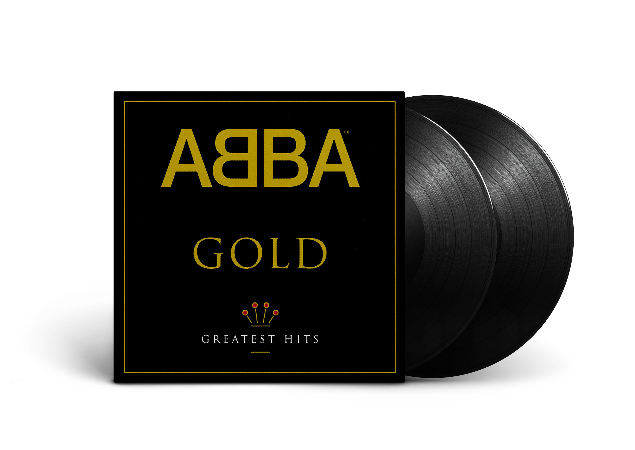 Schwarzes ABBA GOLD-Album mit zwei Schallplatten. Das Albumcover ist schwarz mit goldenem Text.