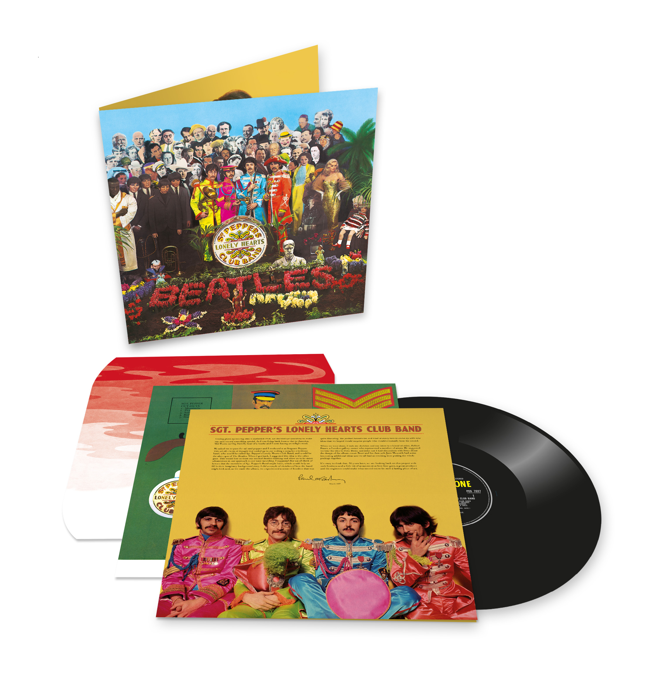 Albumcover von Beatles' Sgt. Pepper's. Vinyl-Schallplatte sichtbar.